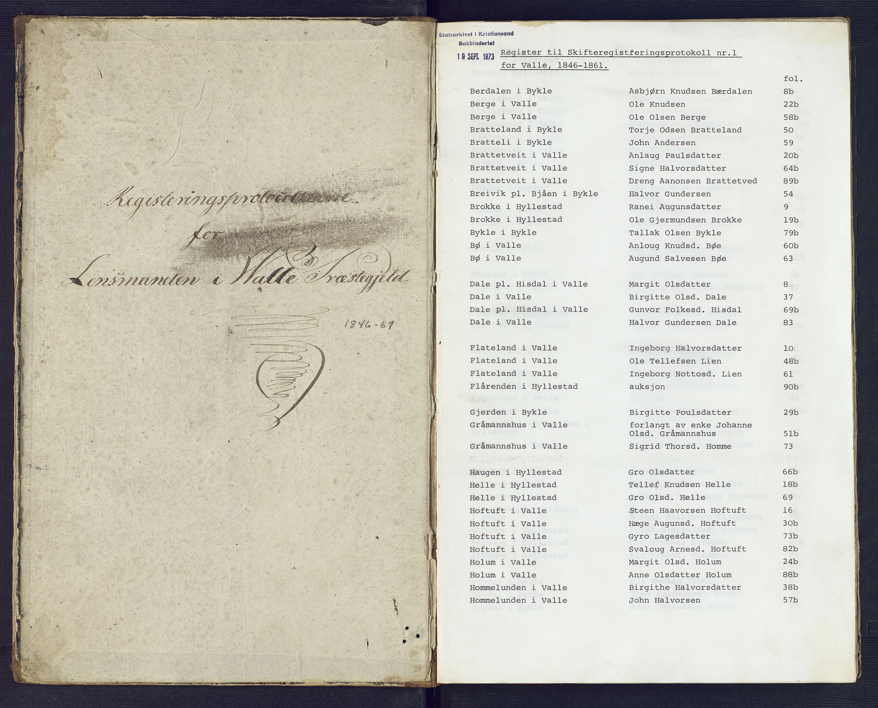 Setesdal sorenskriveri, SAK/1221-0011/H/Hc/L0025: Skifteregistreringsprotokoll nr 1 Valle tinglag med register, 1846-1861