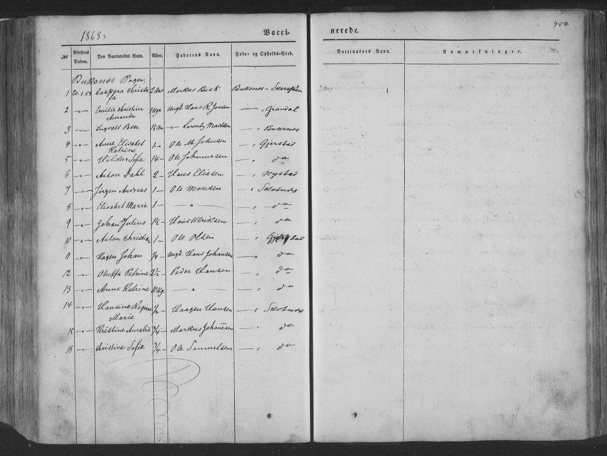 Ministerialprotokoller, klokkerbøker og fødselsregistre - Nordland, AV/SAT-A-1459/881/L1165: Parish register (copy) no. 881C02, 1854-1876, p. 454