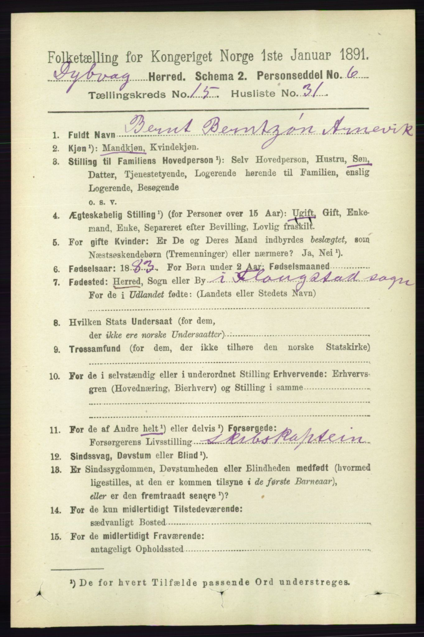 RA, 1891 census for 0915 Dypvåg, 1891, p. 6273