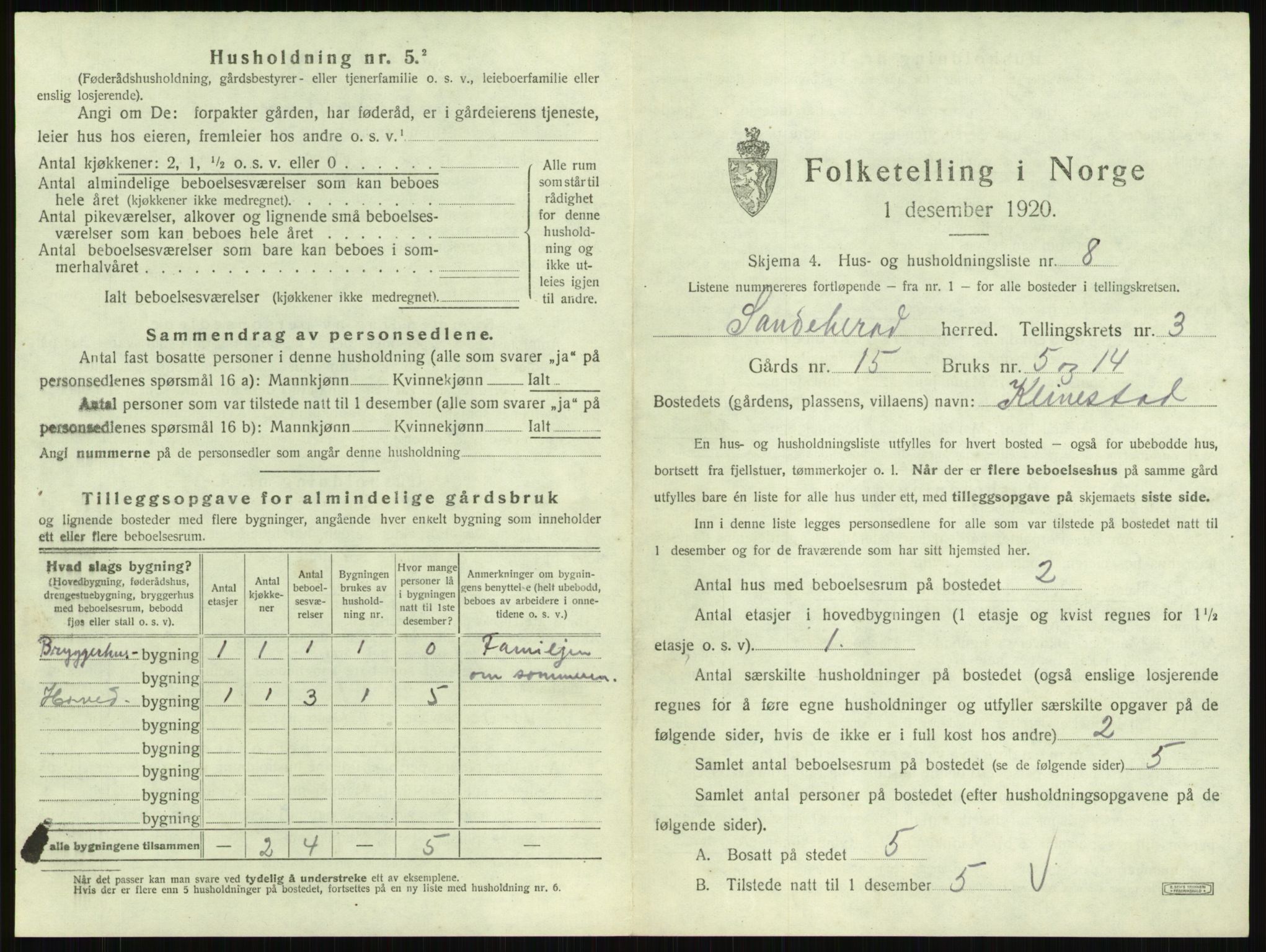 SAKO, 1920 census for Sandeherred, 1920, p. 397