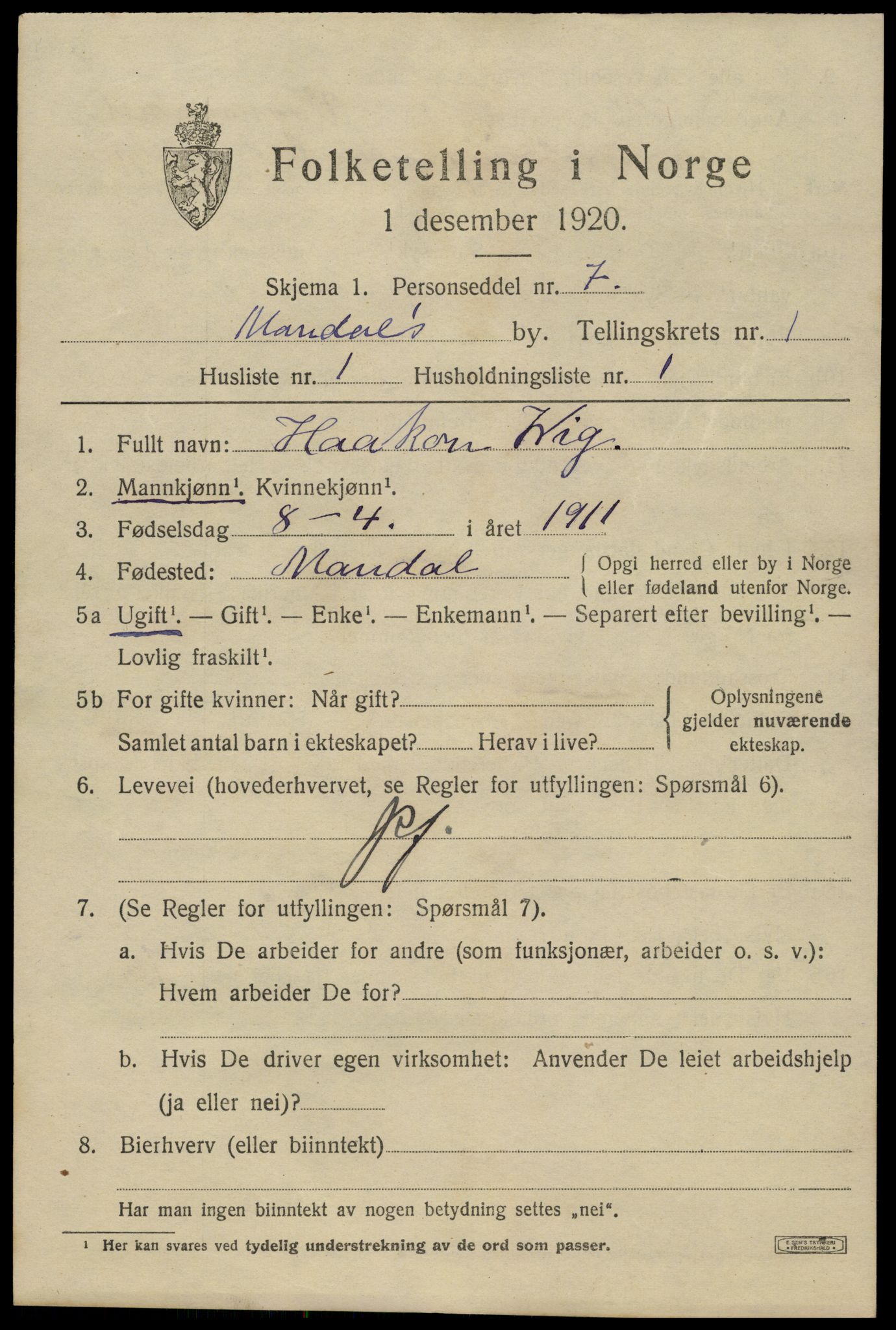 SAK, 1920 census for Mandal, 1920, p. 3315