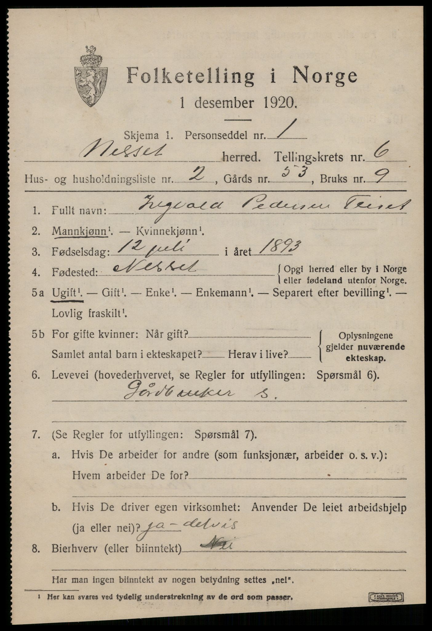 SAT, 1920 census for Nesset, 1920, p. 2810