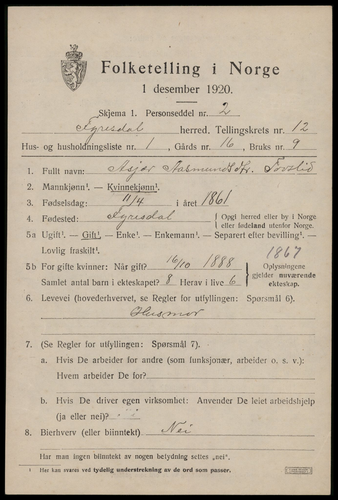 SAKO, 1920 census for Fyresdal, 1920, p. 4163