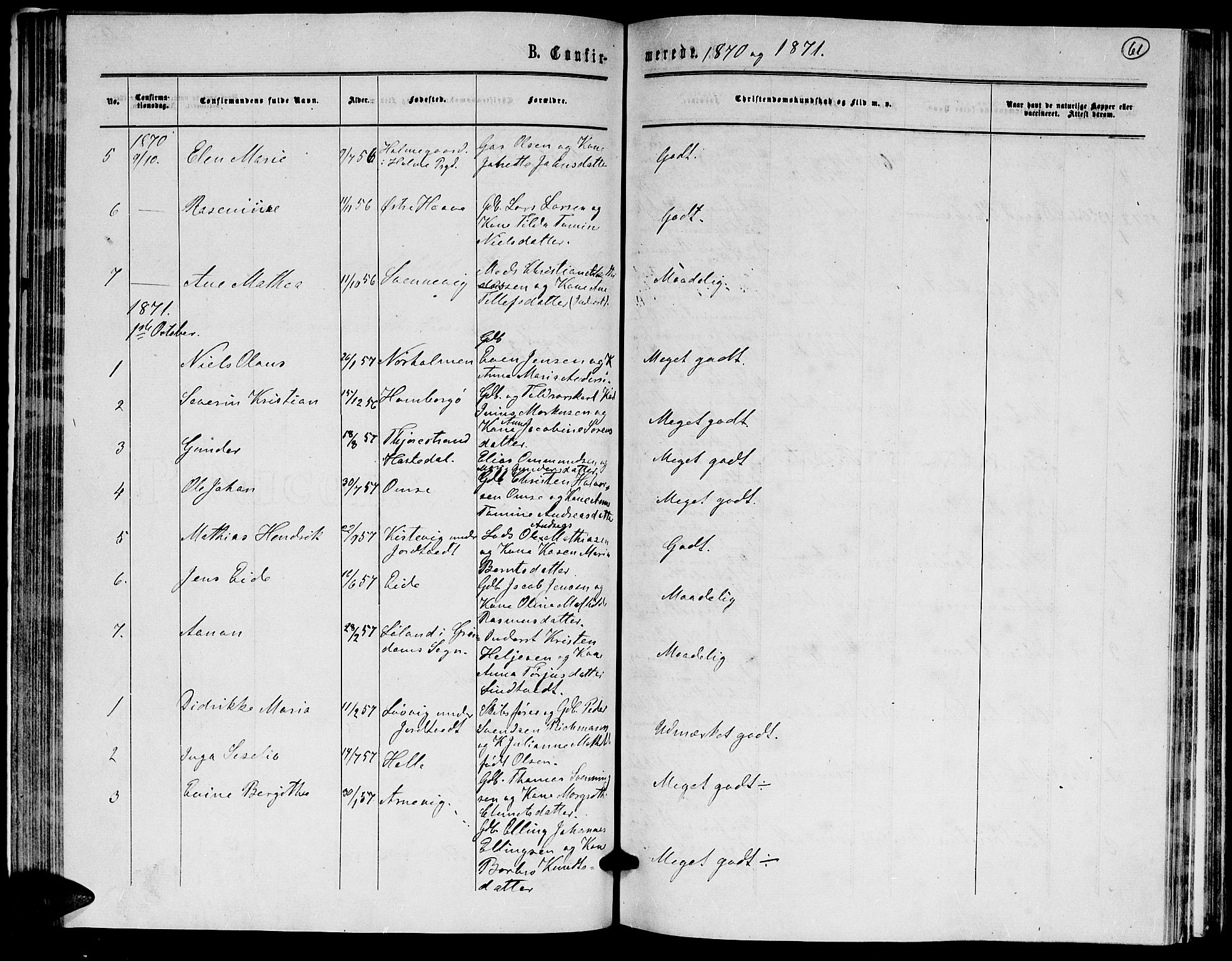 Hommedal sokneprestkontor, AV/SAK-1111-0023/F/Fb/Fba/L0003: Parish register (copy) no. B 3, 1863-1884, p. 61