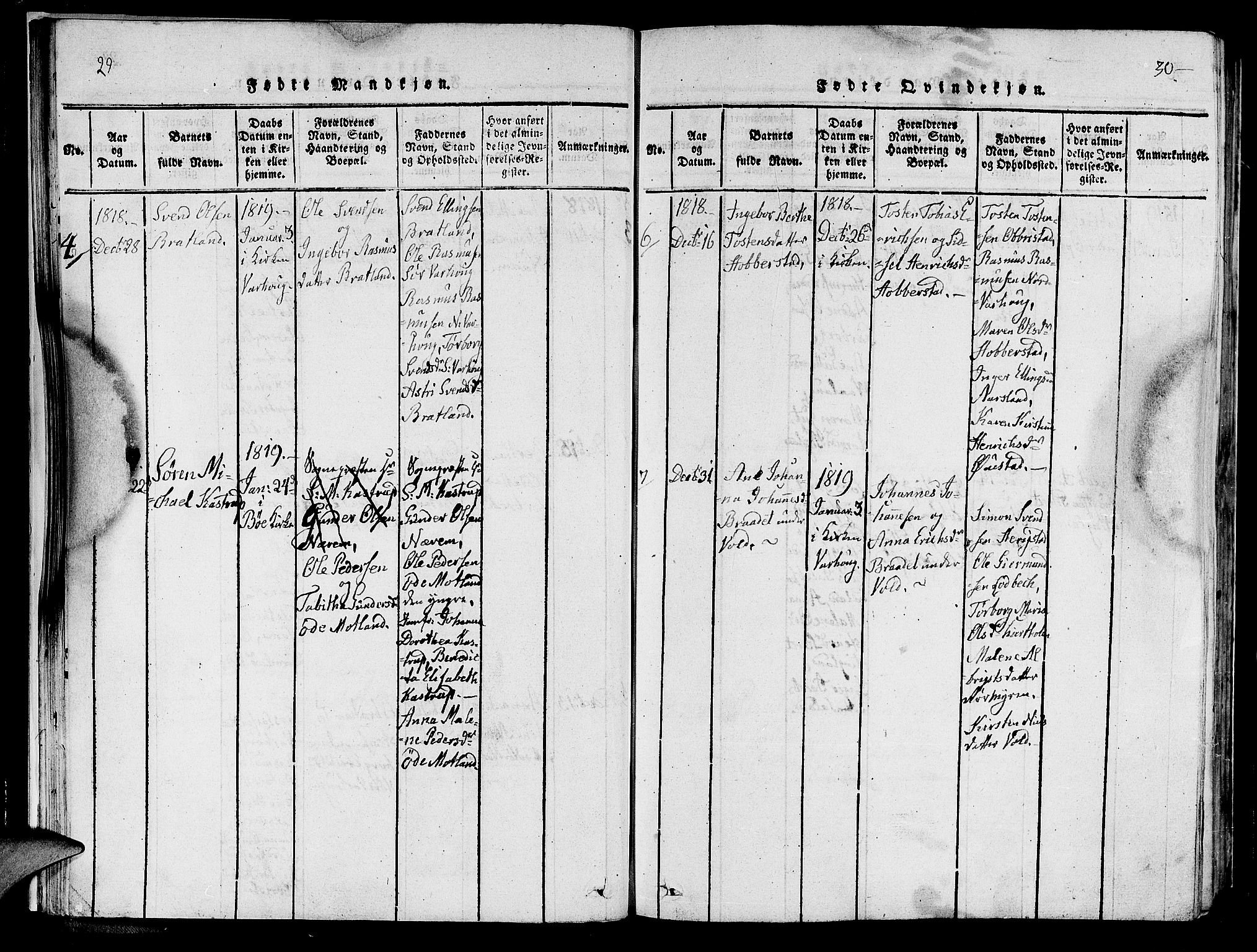 Hå sokneprestkontor, SAST/A-101801/001/30BA/L0003: Parish register (official) no. A 3, 1815-1825, p. 29-30