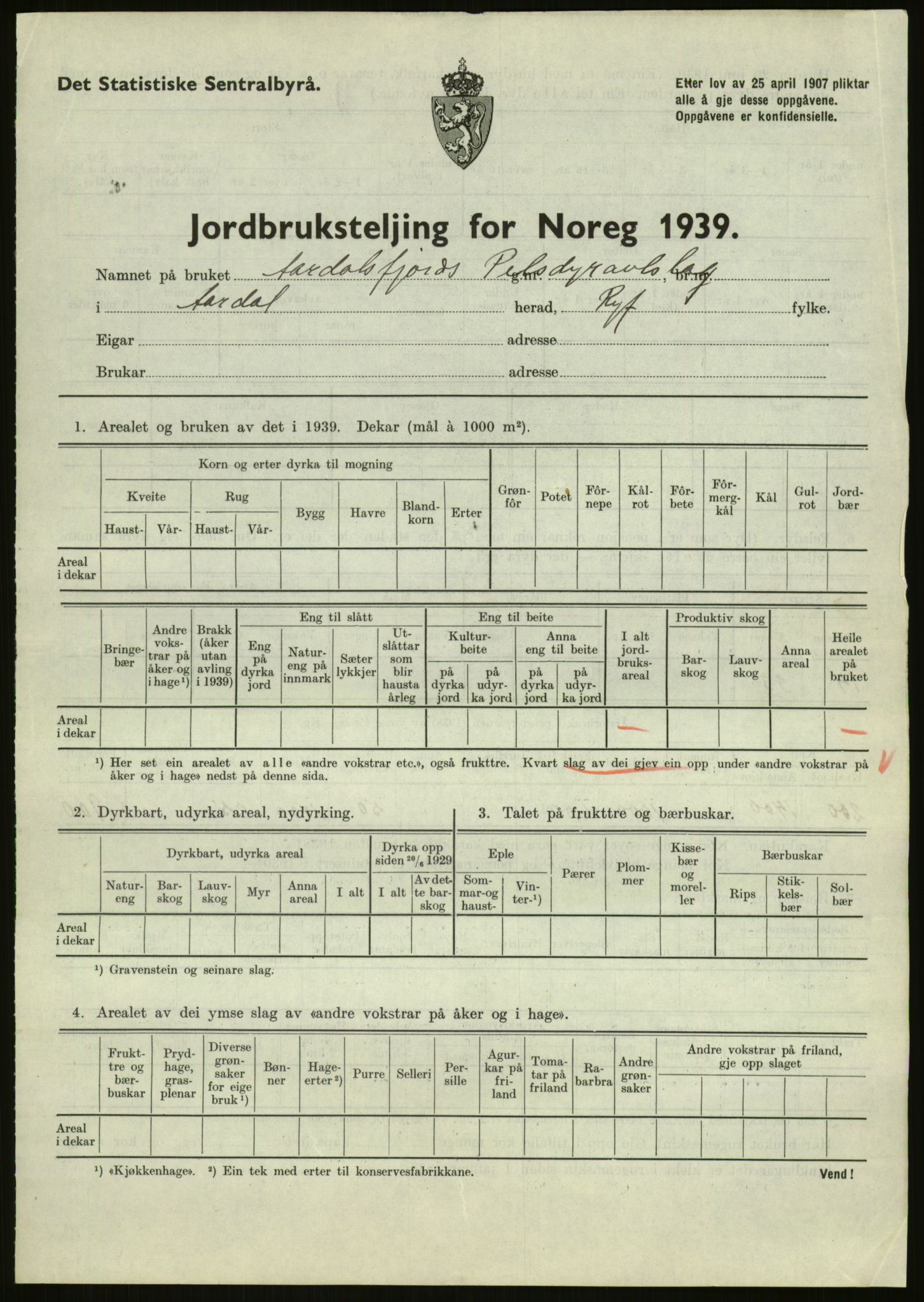 Statistisk sentralbyrå, Næringsøkonomiske emner, Jordbruk, skogbruk, jakt, fiske og fangst, AV/RA-S-2234/G/Gb/L0184: Rogaland: Årdal, Fister og Hjelmeland, 1939, p. 361