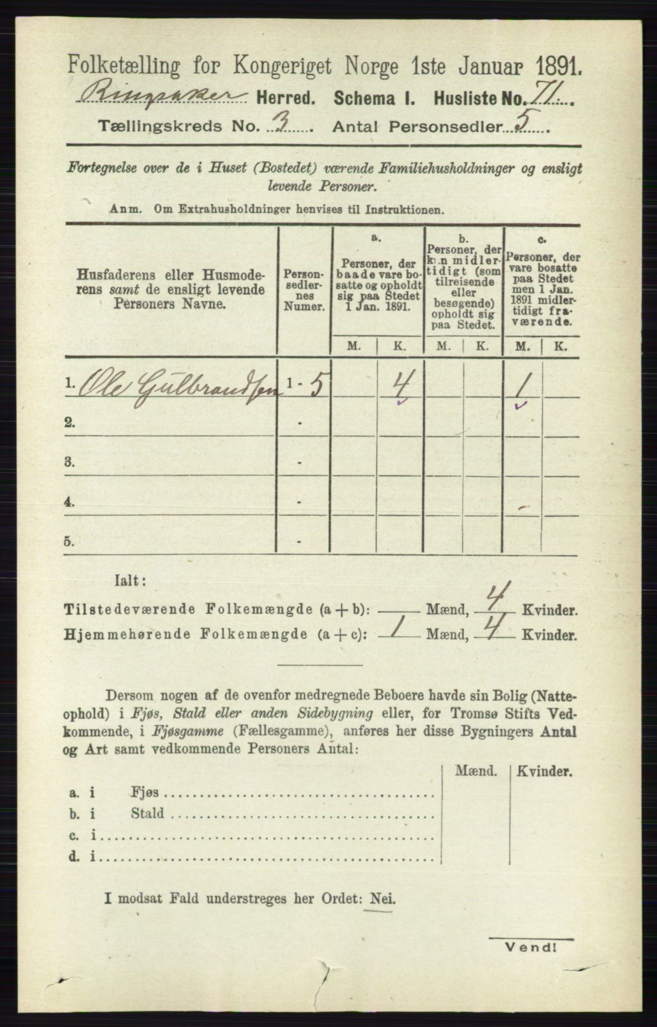 RA, 1891 census for 0412 Ringsaker, 1891, p. 1232