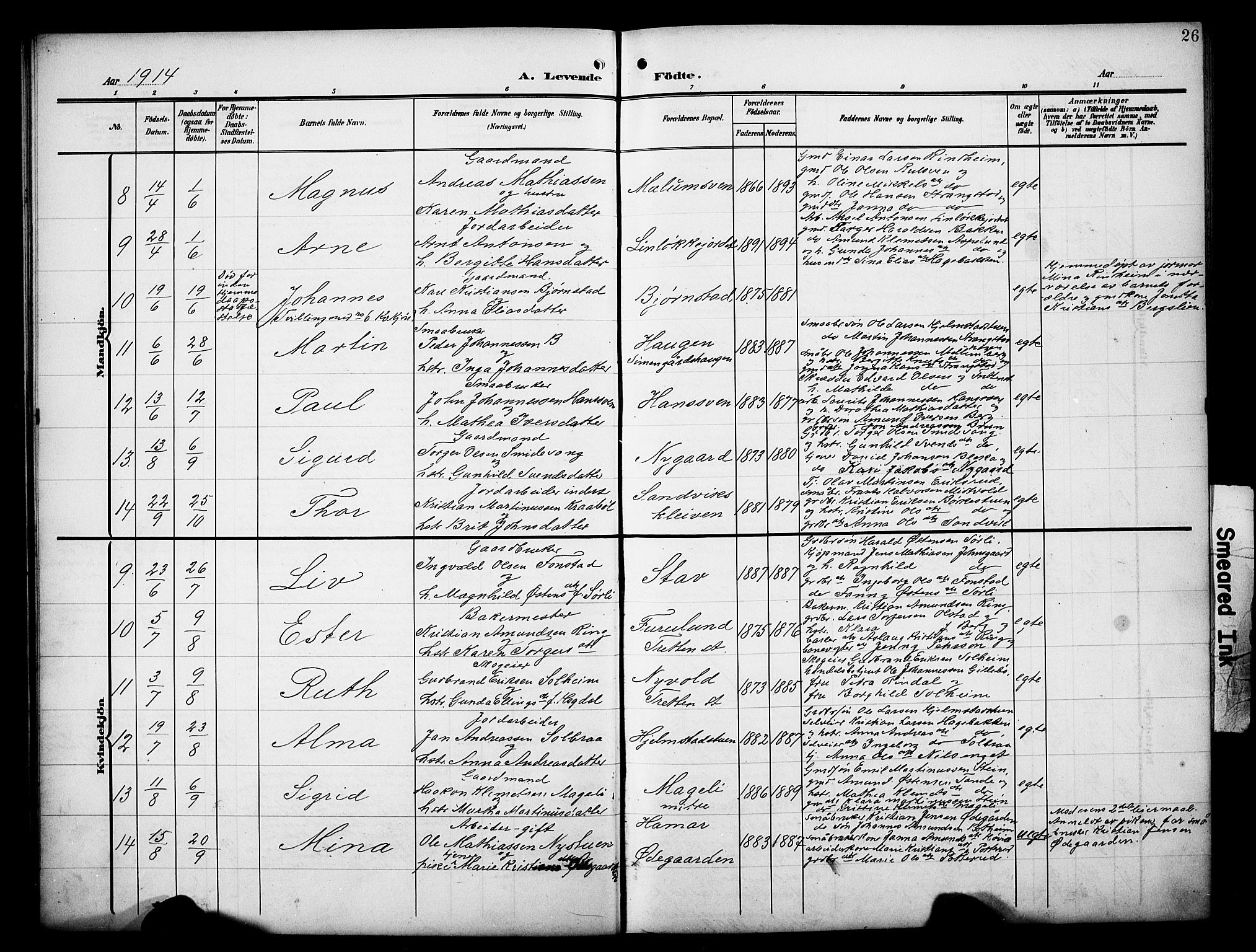 Øyer prestekontor, SAH/PREST-084/H/Ha/Hab/L0006: Parish register (copy) no. 6, 1906-1929, p. 26