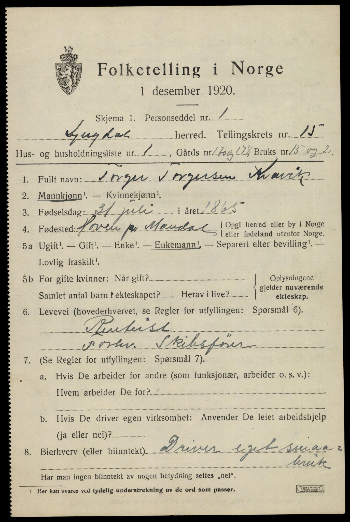 SAK, 1920 census for Lyngdal, 1920, p. 6309