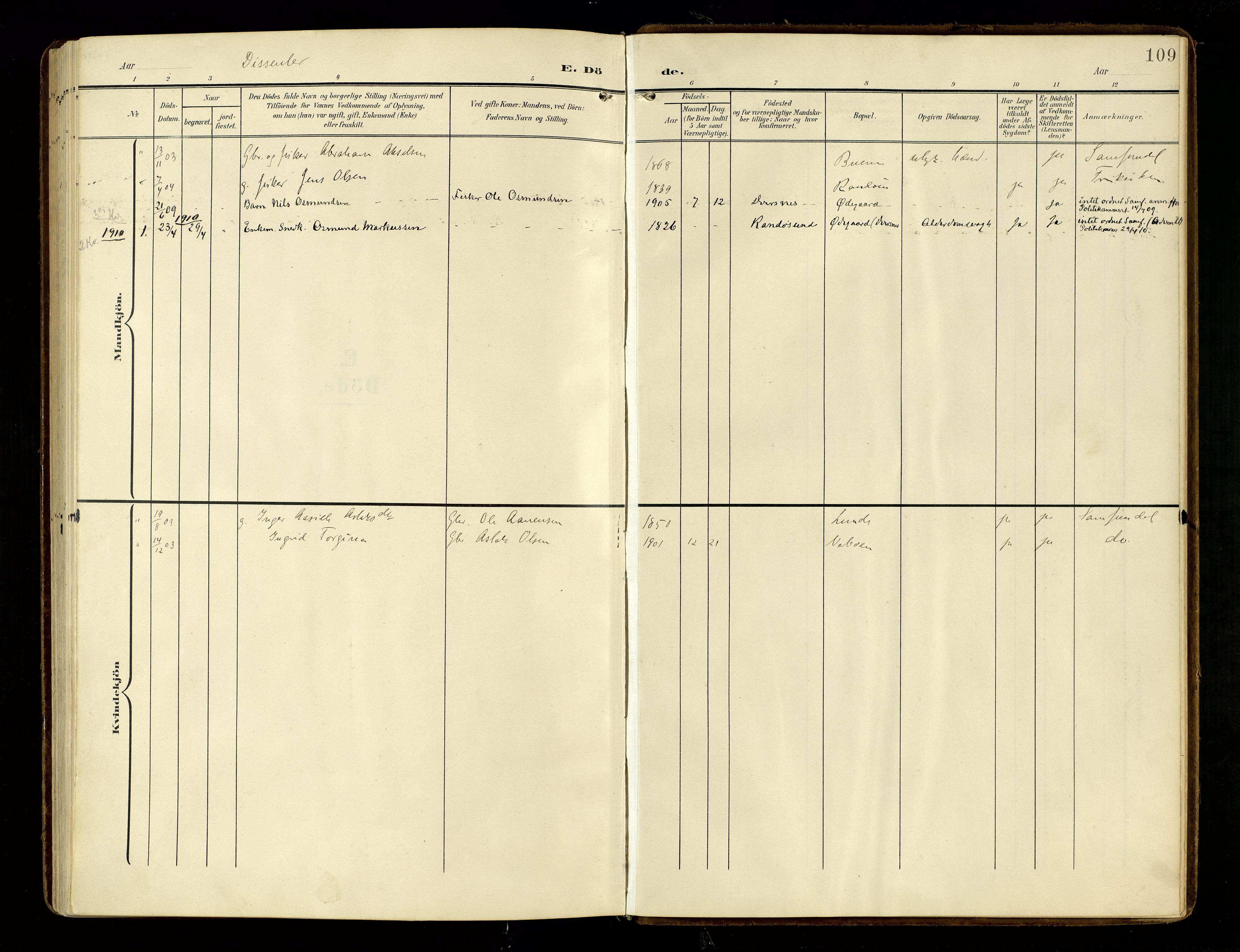 Oddernes sokneprestkontor, SAK/1111-0033/F/Fa/Fab/L0003: Parish register (official) no. A 3, 1903-1916, p. 109