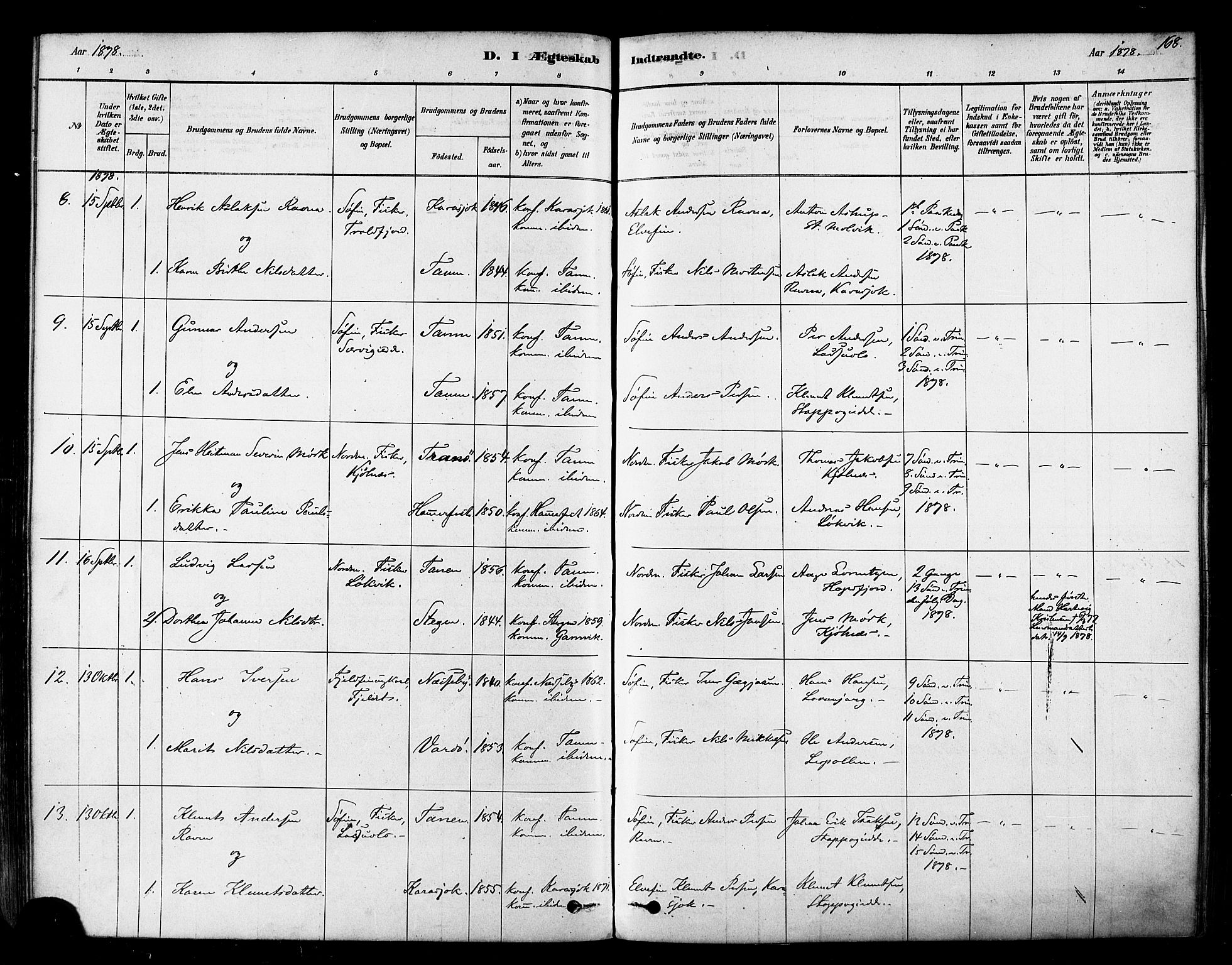 Tana sokneprestkontor, SATØ/S-1334/H/Ha/L0004kirke: Parish register (official) no. 4, 1878-1891, p. 168