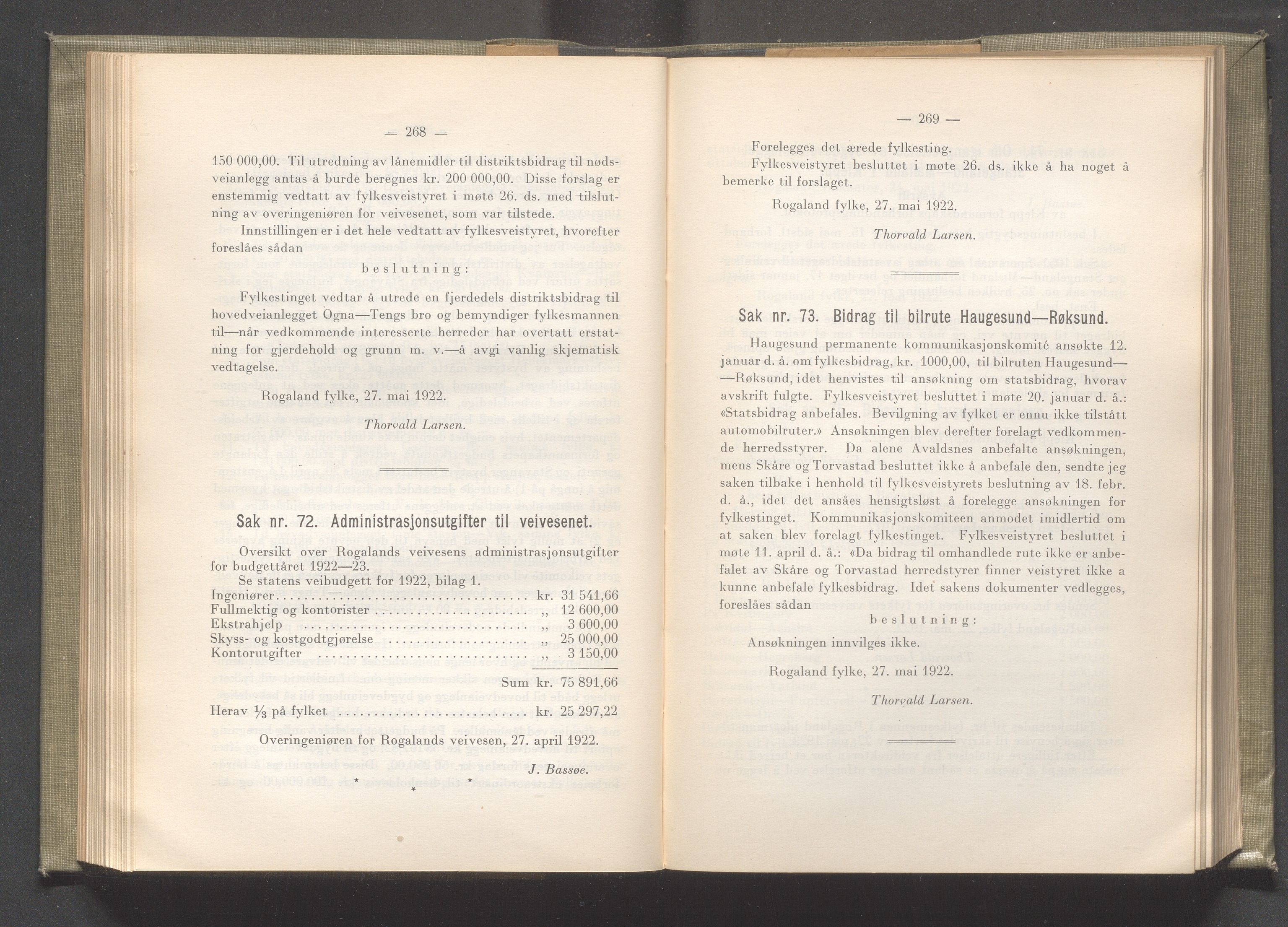 Rogaland fylkeskommune - Fylkesrådmannen , IKAR/A-900/A/Aa/Aaa/L0041: Møtebok , 1922, p. 268-269