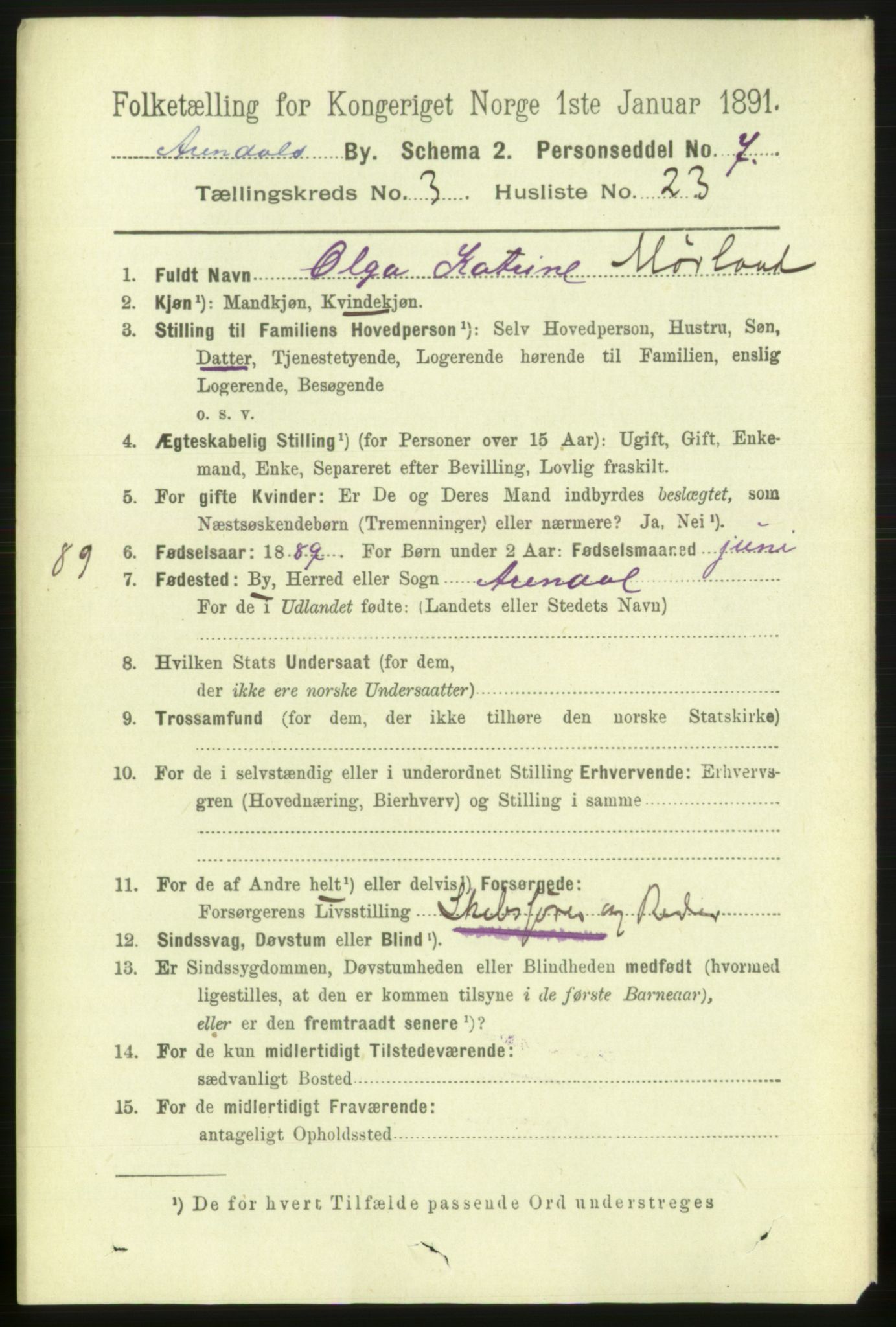 RA, 1891 census for 0903 Arendal, 1891, p. 1648