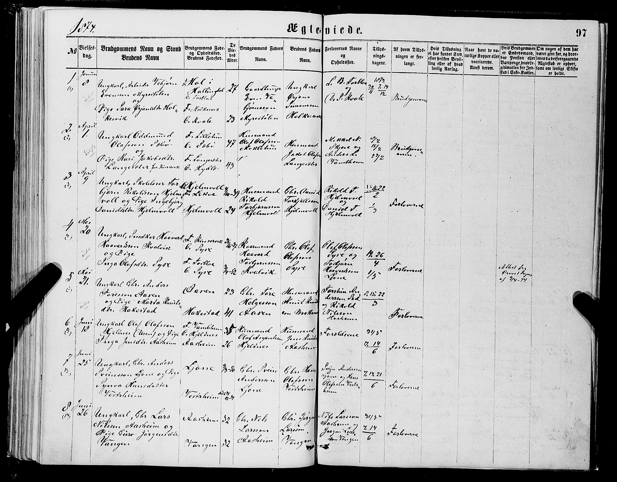 Ulvik sokneprestembete, SAB/A-78801/H/Hab: Parish register (copy) no. A 2, 1869-1882, p. 97