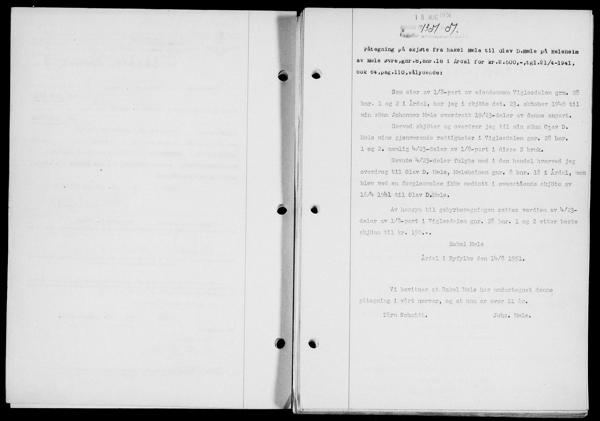 Ryfylke tingrett, SAST/A-100055/001/II/IIB/L0114: Mortgage book no. 93, 1951-1951, Diary no: : 1351/1951