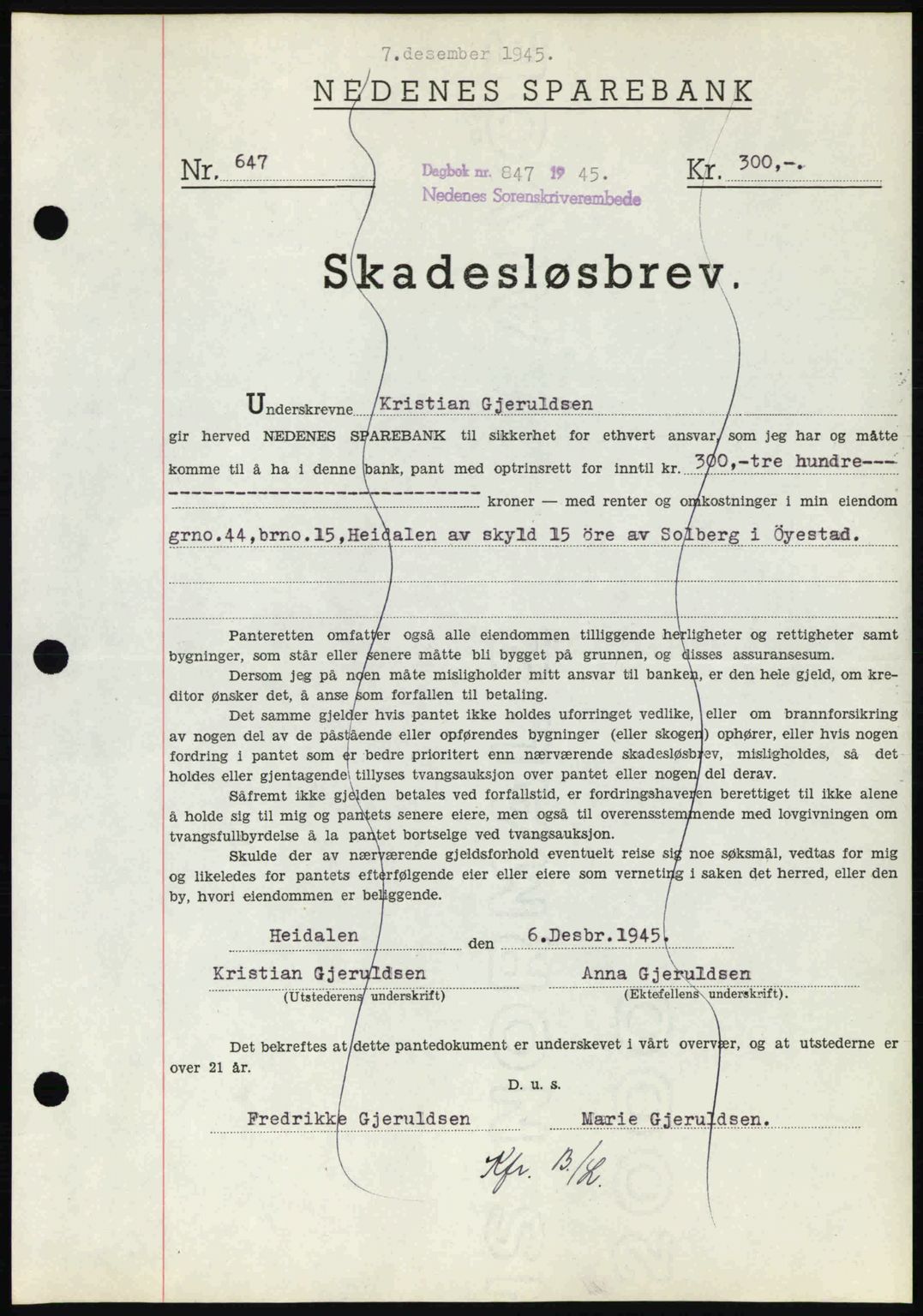 Nedenes sorenskriveri, AV/SAK-1221-0006/G/Gb/Gbb/L0003: Mortgage book no. B3a, 1945-1945, Diary no: : 847/1945