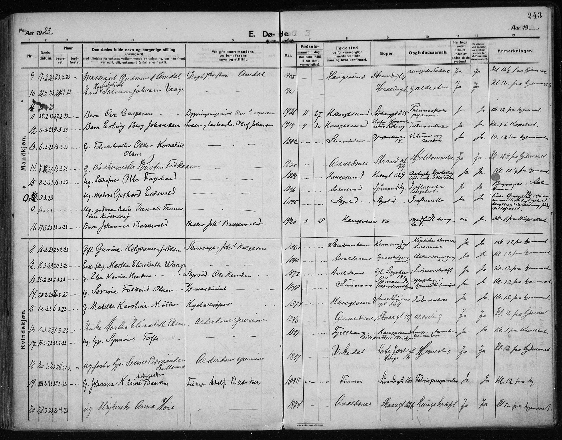 Haugesund sokneprestkontor, AV/SAST-A -101863/H/Ha/Haa/L0009: Parish register (official) no. A 9, 1914-1929, p. 243