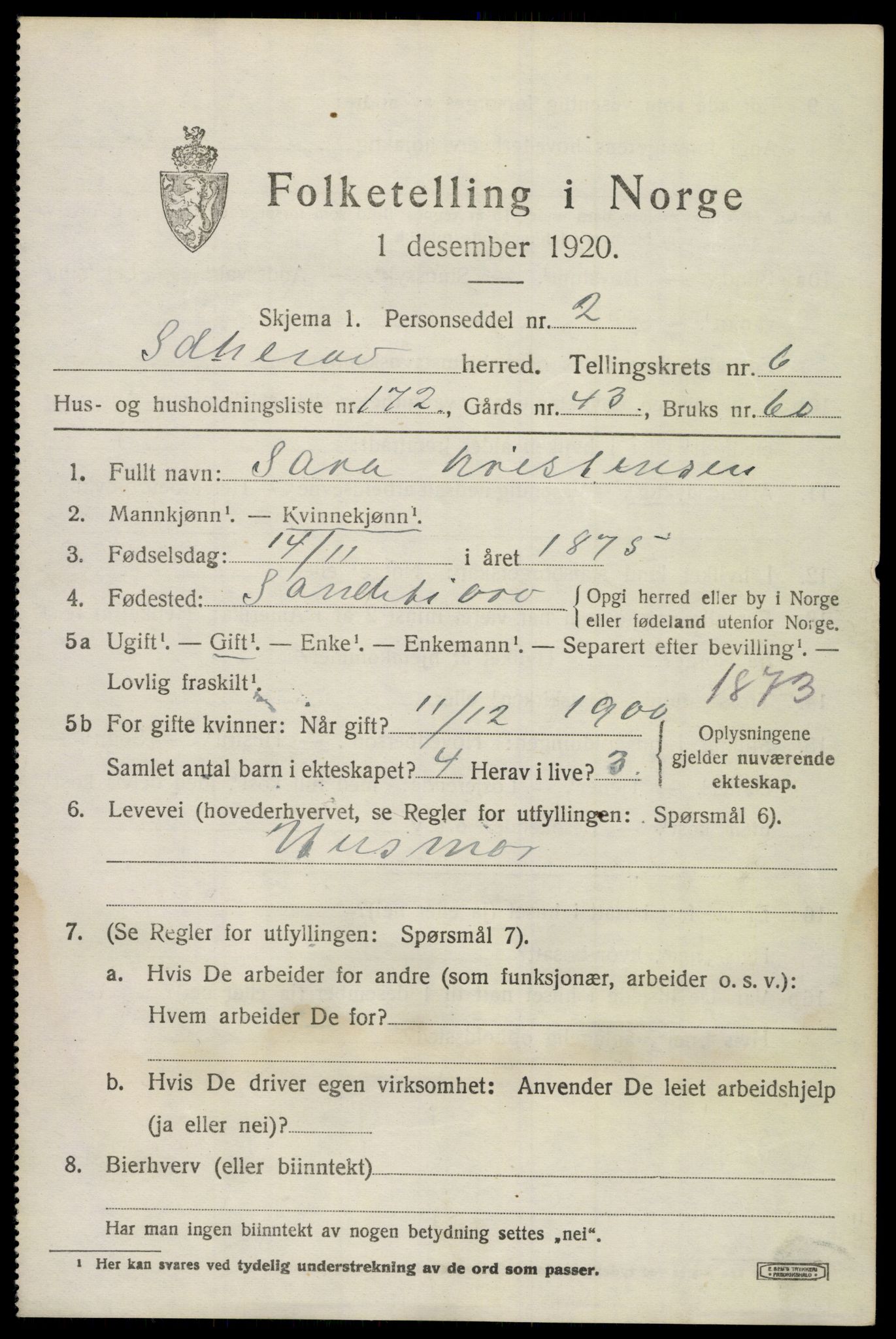 SAKO, 1920 census for Sandeherred, 1920, p. 11906