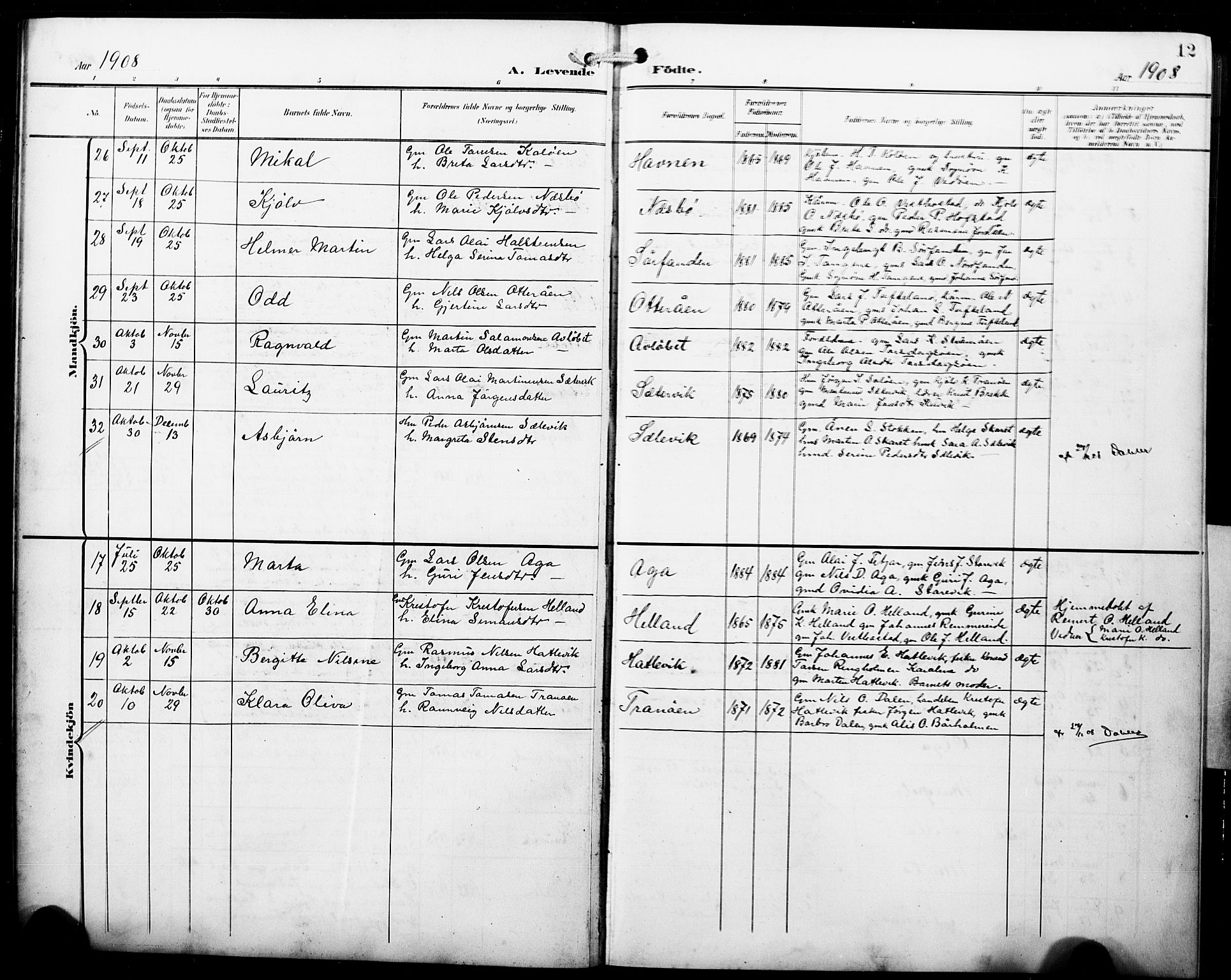 Fitjar sokneprestembete, AV/SAB-A-99926: Parish register (copy) no. B 1, 1906-1928, p. 12
