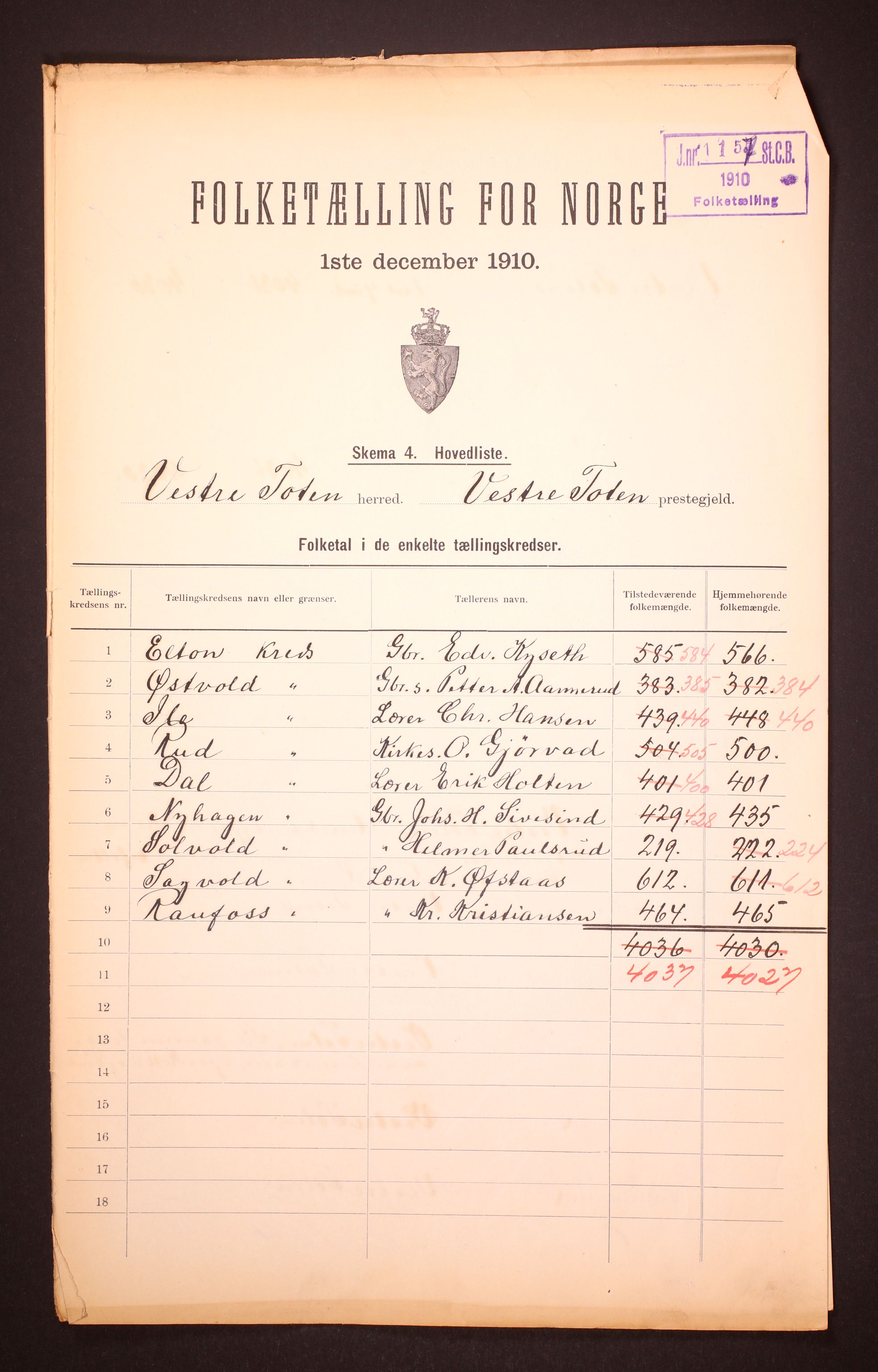 RA, 1910 census for Vestre Toten, 1910, p. 2