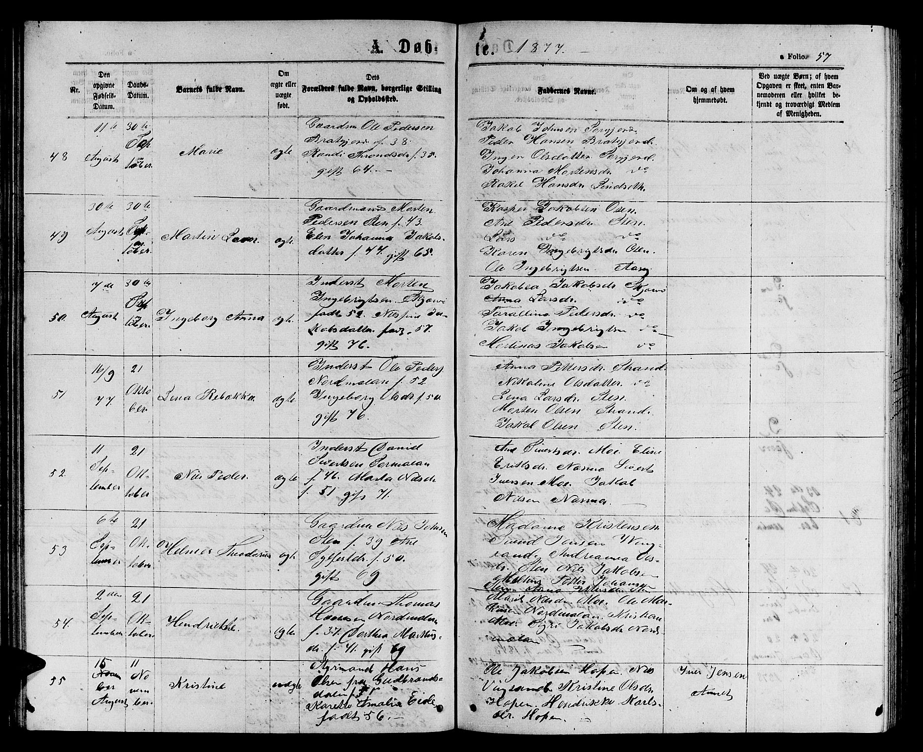 Ministerialprotokoller, klokkerbøker og fødselsregistre - Sør-Trøndelag, SAT/A-1456/658/L0725: Parish register (copy) no. 658C01, 1867-1882, p. 57