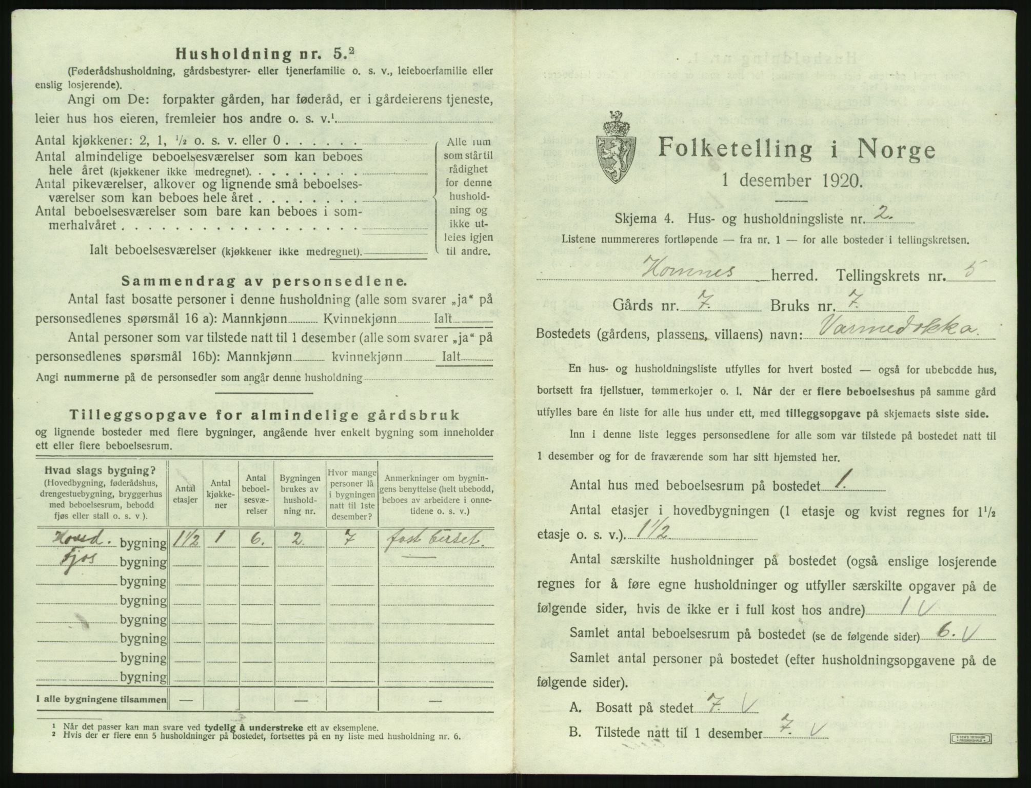 SAK, 1920 census for Hornnes, 1920, p. 207