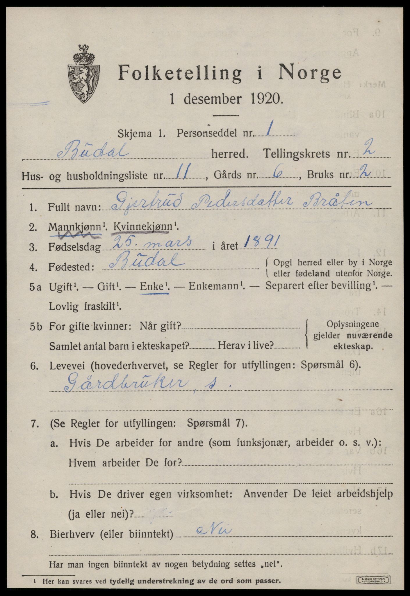 SAT, 1920 census for Budal, 1920, p. 496