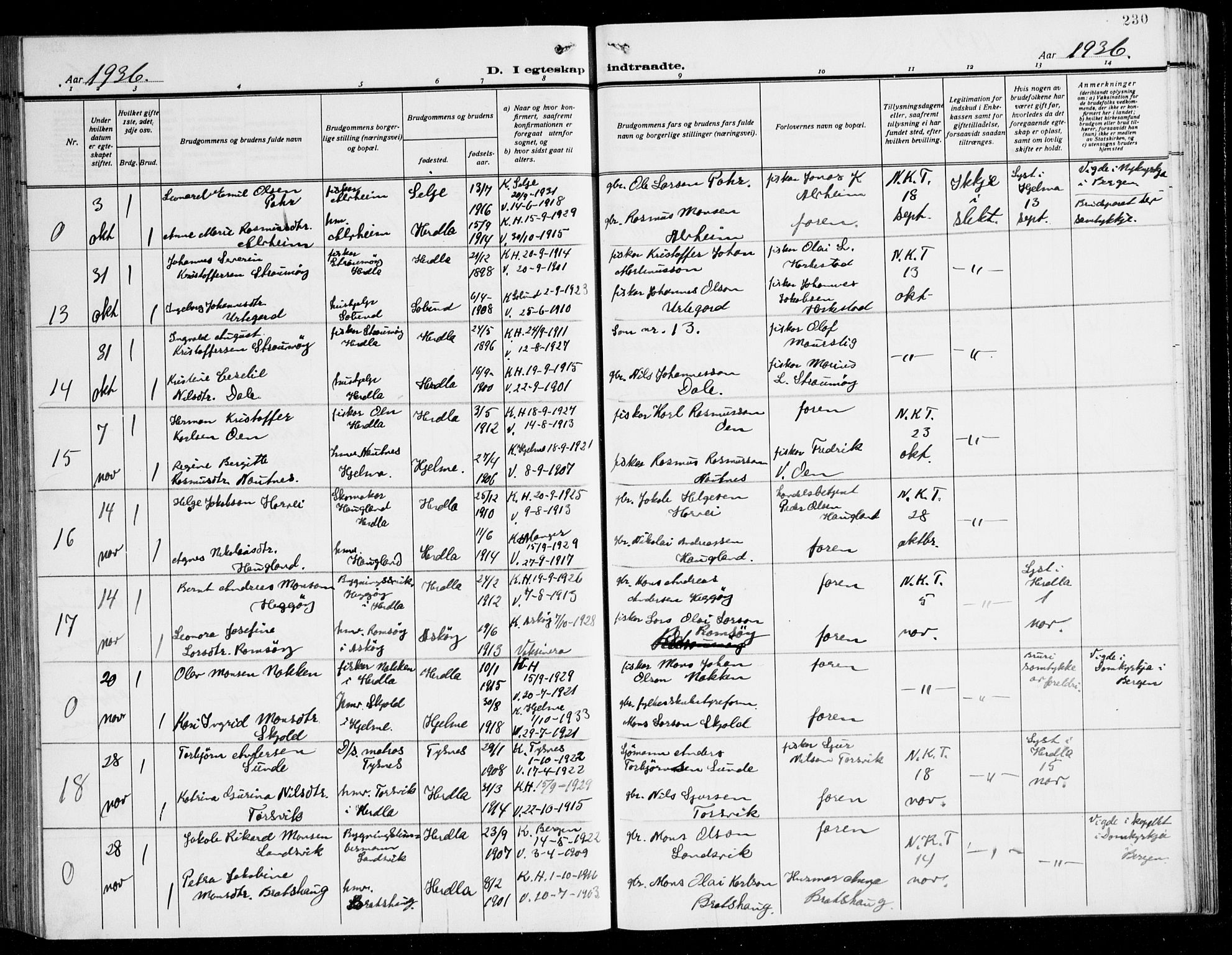 Herdla Sokneprestembete, AV/SAB-A-75701/H/Hab: Parish register (copy) no. C 3, 1926-1940, p. 230