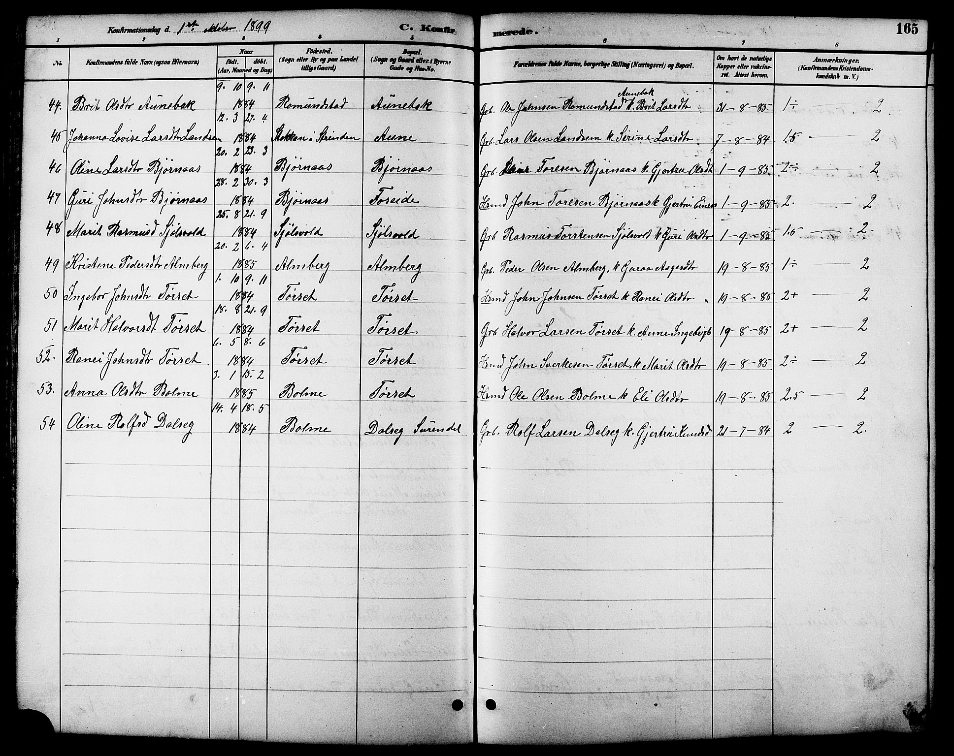 Ministerialprotokoller, klokkerbøker og fødselsregistre - Møre og Romsdal, SAT/A-1454/598/L1078: Parish register (copy) no. 598C03, 1892-1909, p. 165