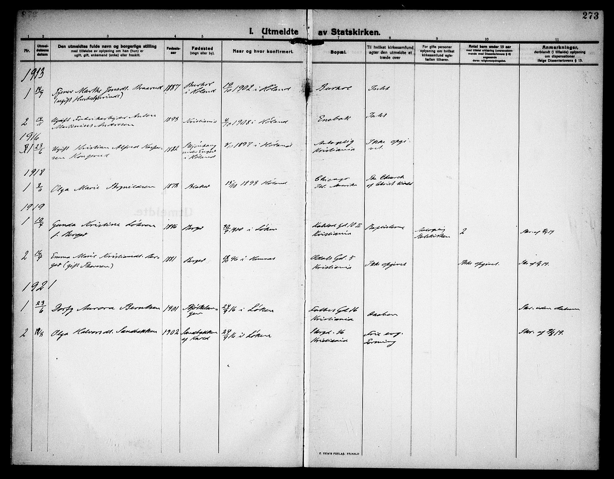 Høland prestekontor Kirkebøker, SAO/A-10346a/F/Fa/L0016: Parish register (official) no. I 16, 1912-1921, p. 273