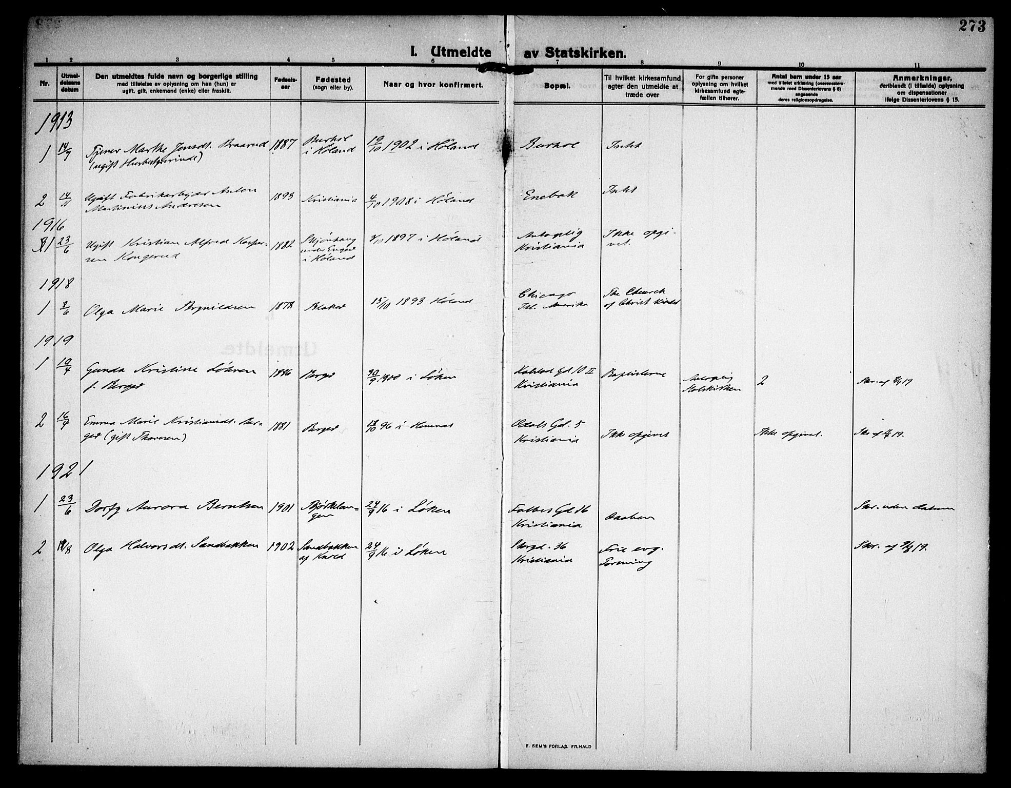 Høland prestekontor Kirkebøker, AV/SAO-A-10346a/F/Fa/L0016: Parish register (official) no. I 16, 1912-1921, p. 273