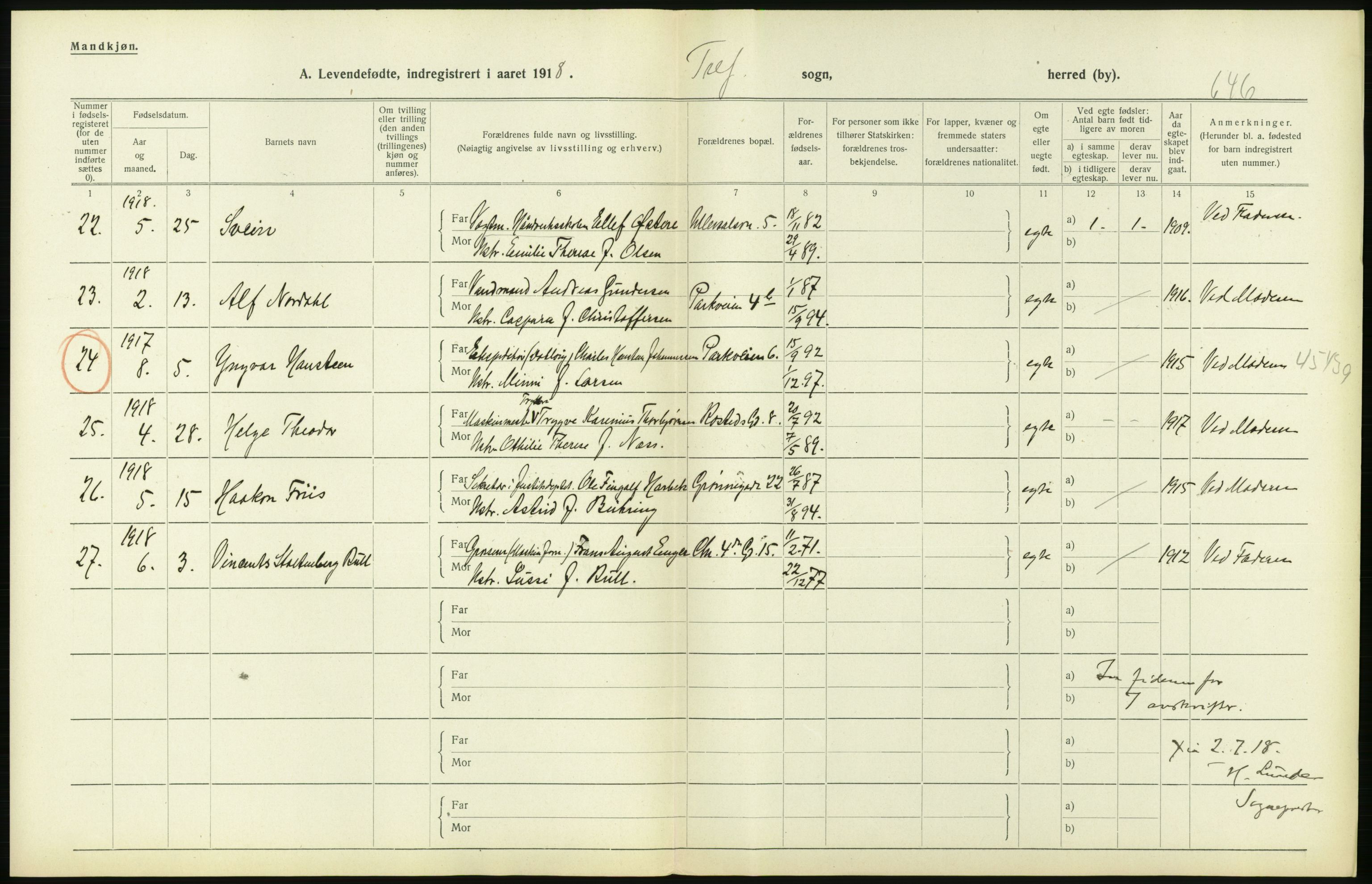 Statistisk sentralbyrå, Sosiodemografiske emner, Befolkning, AV/RA-S-2228/D/Df/Dfb/Dfbh/L0008: Kristiania: Levendefødte menn og kvinner., 1918, p. 264