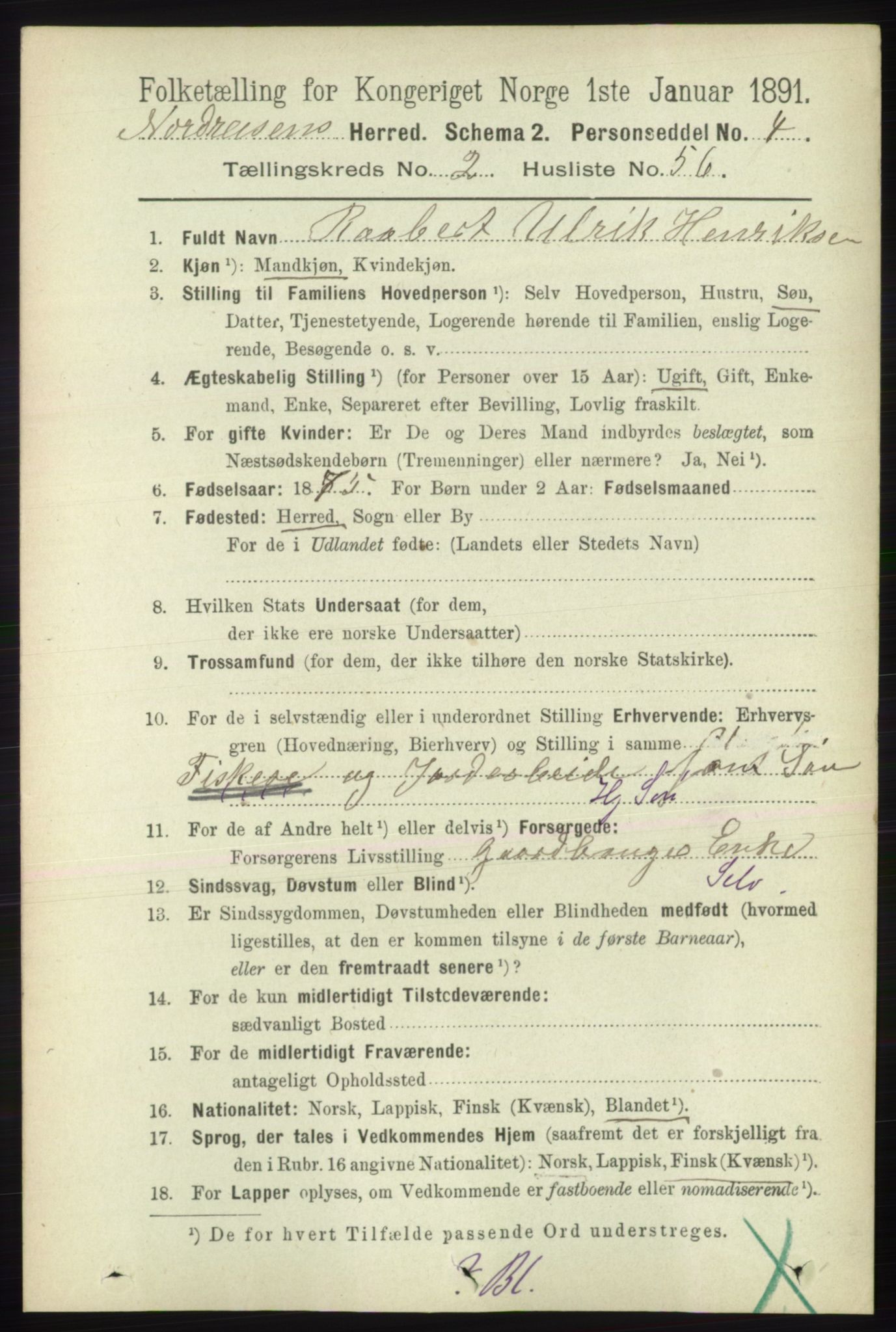 RA, 1891 census for 1942 Nordreisa, 1891, p. 1194