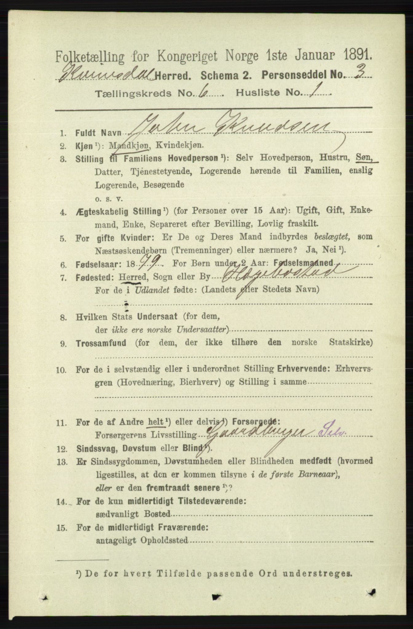 RA, 1891 census for 1037 Kvinesdal, 1891, p. 2105