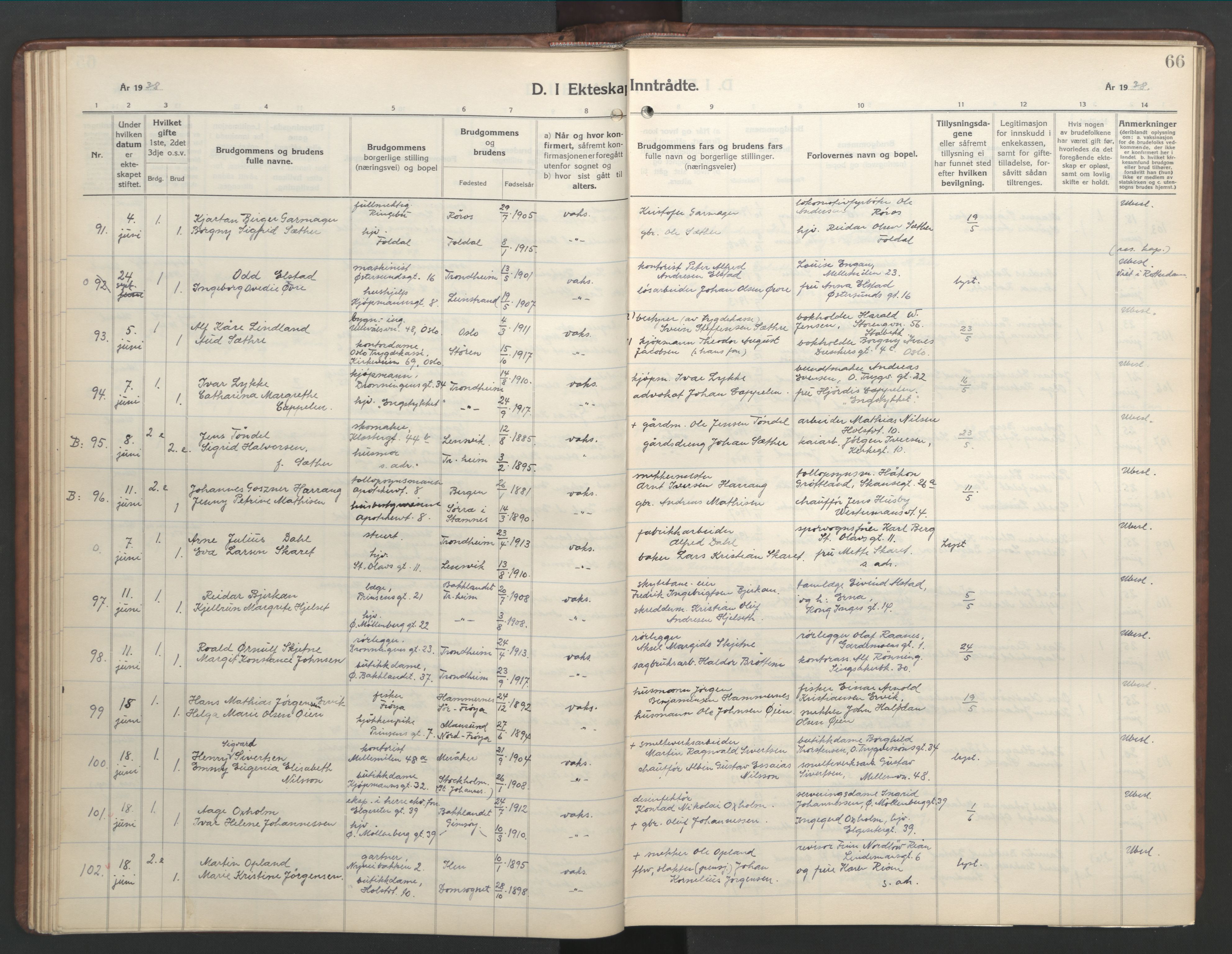 Ministerialprotokoller, klokkerbøker og fødselsregistre - Sør-Trøndelag, SAT/A-1456/601/L0101: Parish register (copy) no. 601C19, 1935-1946, p. 66