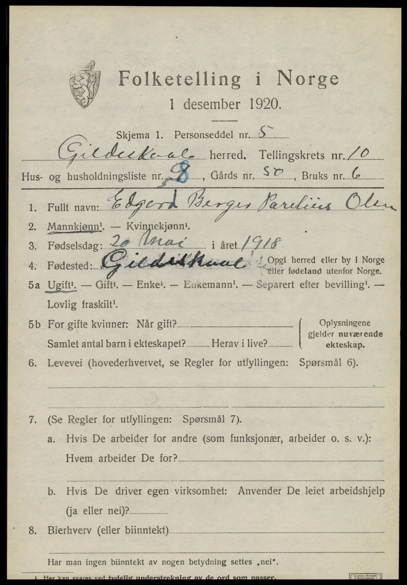 SAT, 1920 census for Gildeskål, 1920, p. 6148