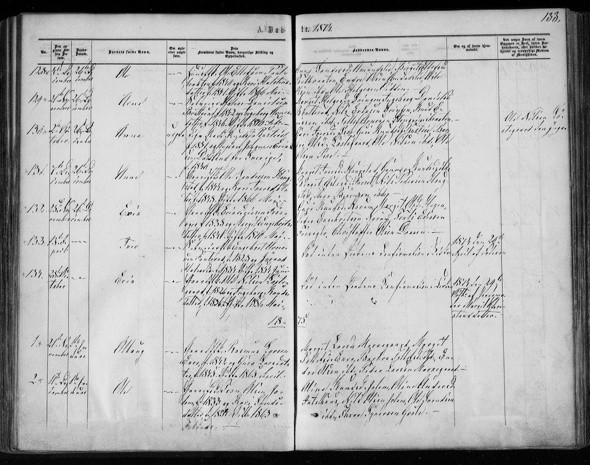 Gol kirkebøker, AV/SAKO-A-226/F/Fa/L0003: Parish register (official) no. I 3, 1863-1875, p. 133