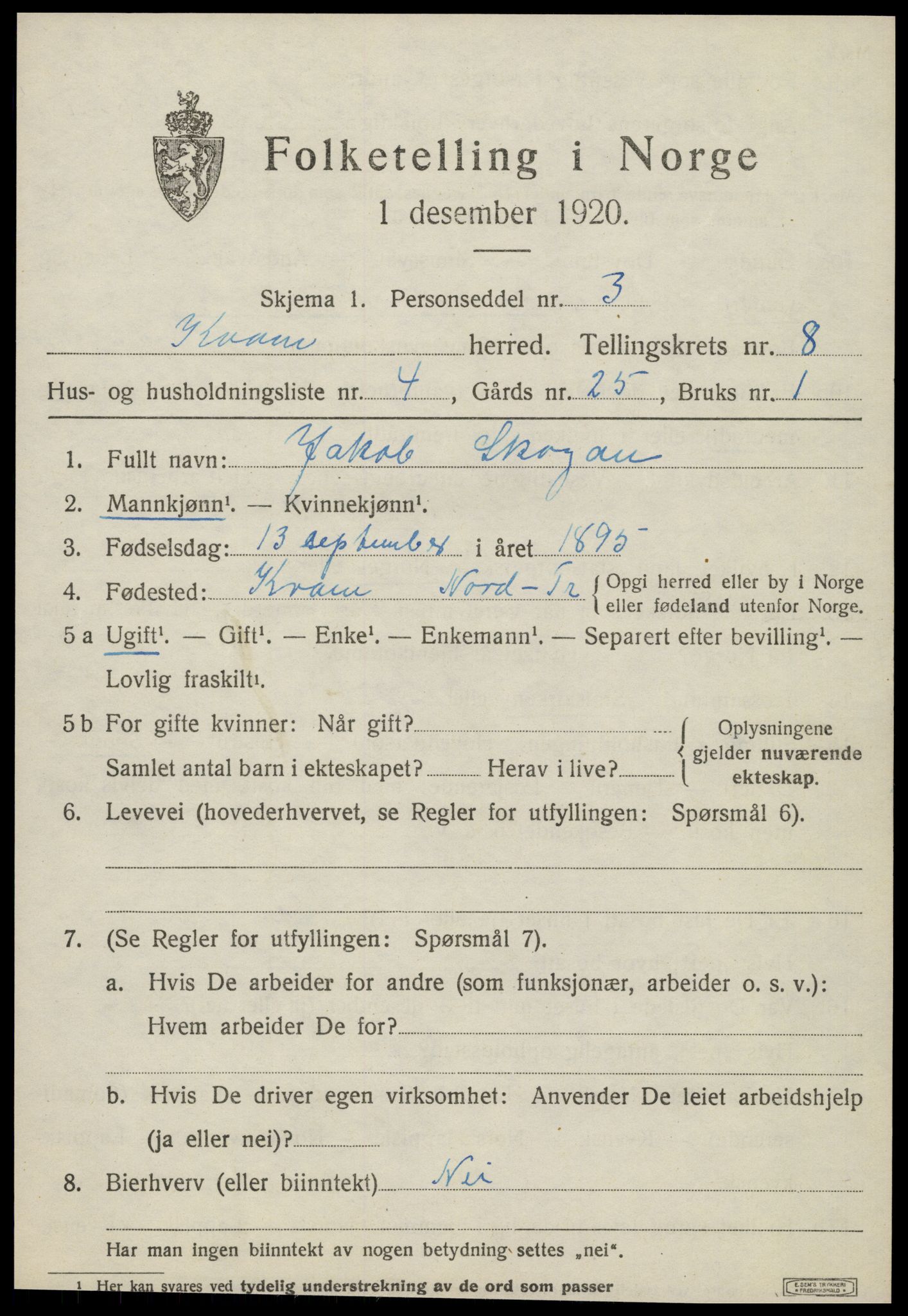 SAT, 1920 census for Kvam, 1920, p. 2027