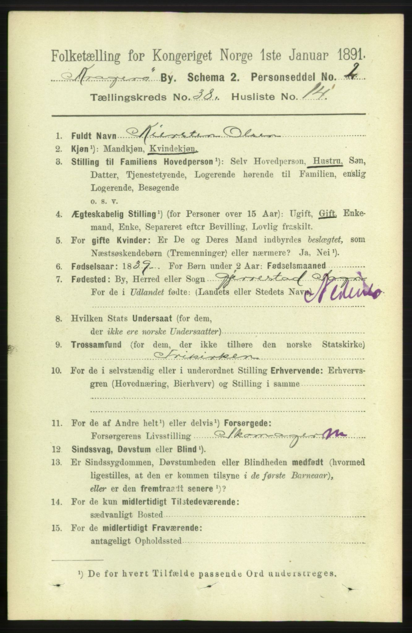 RA, 1891 census for 0801 Kragerø, 1891, p. 7225