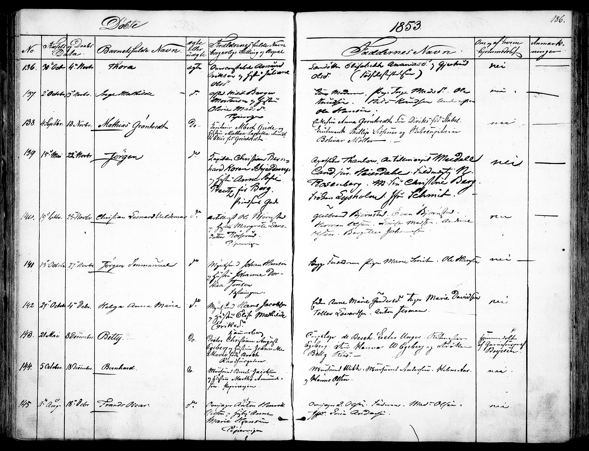 Garnisonsmenigheten Kirkebøker, AV/SAO-A-10846/F/Fa/L0008: Parish register (official) no. 8, 1842-1859, p. 186