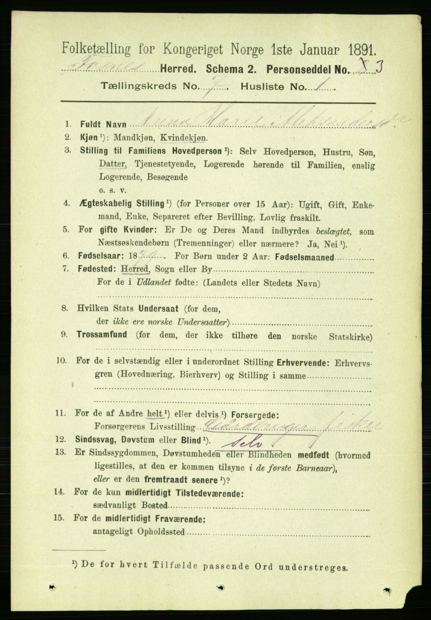 RA, 1891 census for 1748 Fosnes, 1891, p. 3107