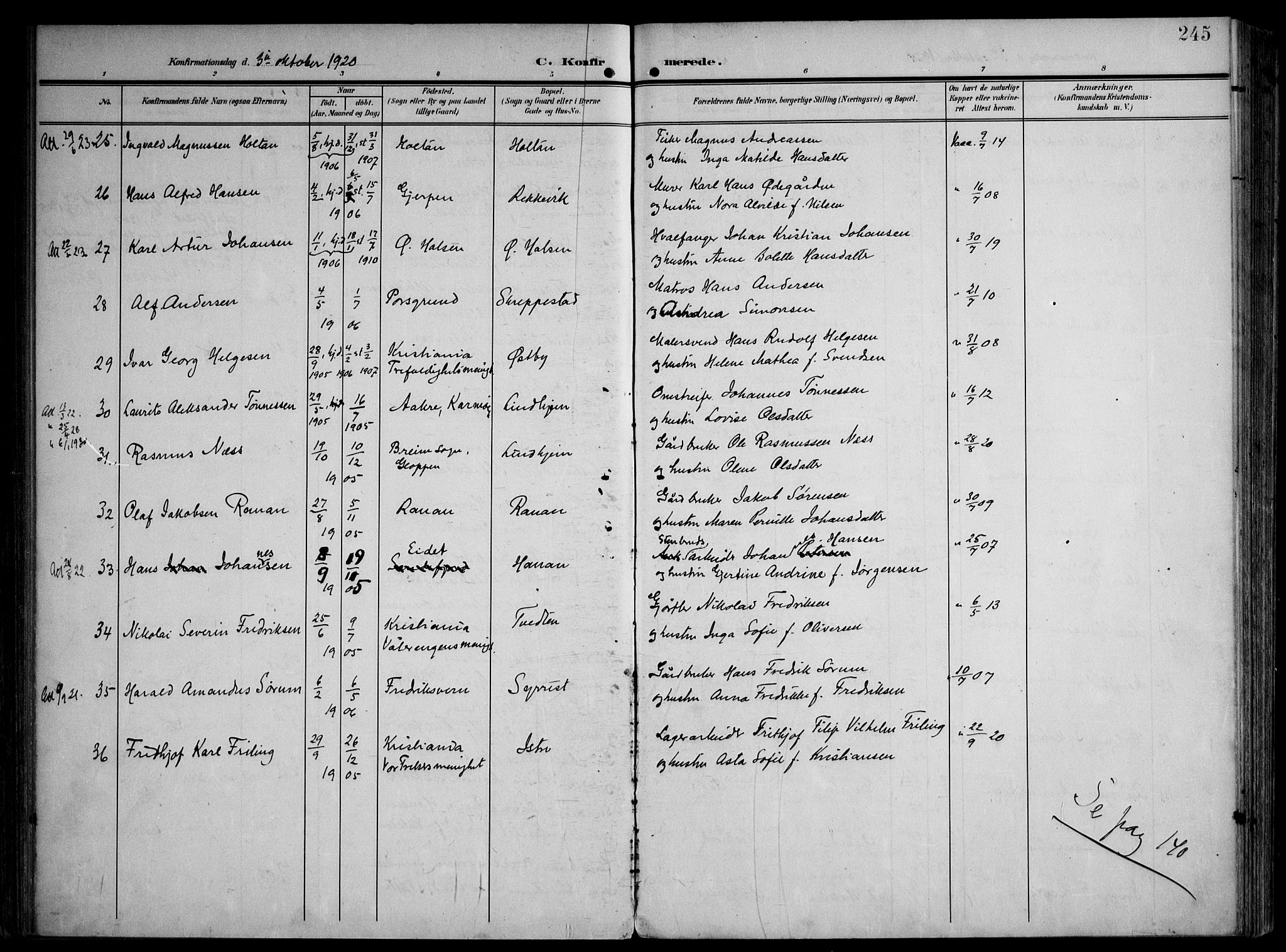 Tjølling kirkebøker, AV/SAKO-A-60/F/Fa/L0010: Parish register (official) no. 10, 1906-1923, p. 245