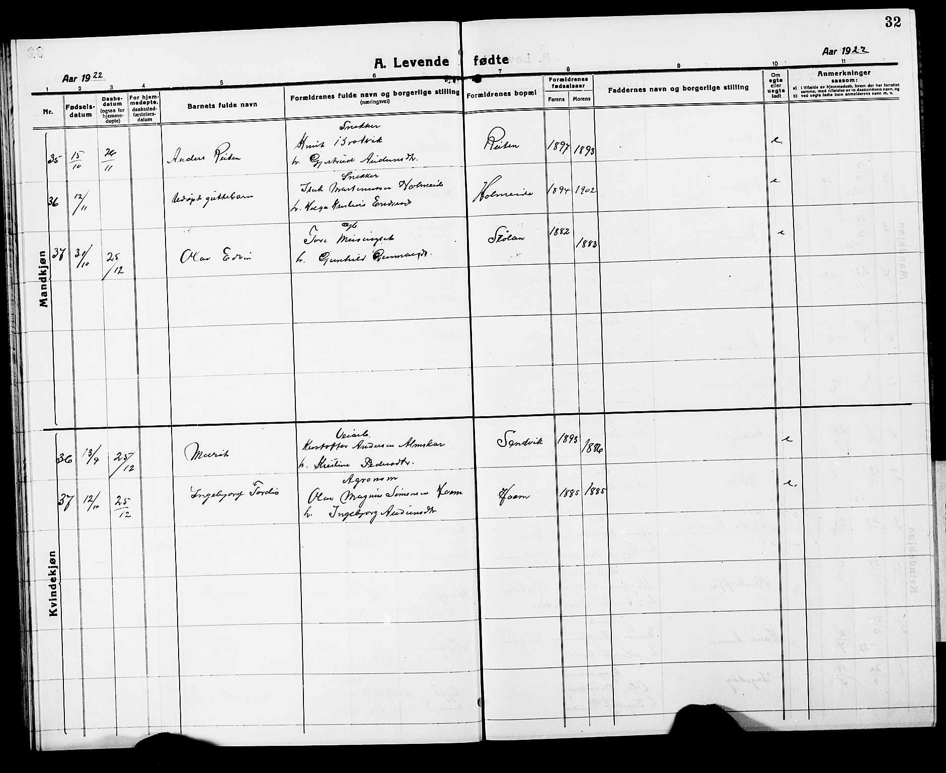 Ministerialprotokoller, klokkerbøker og fødselsregistre - Møre og Romsdal, AV/SAT-A-1454/586/L0994: Parish register (copy) no. 586C05, 1919-1927, p. 32