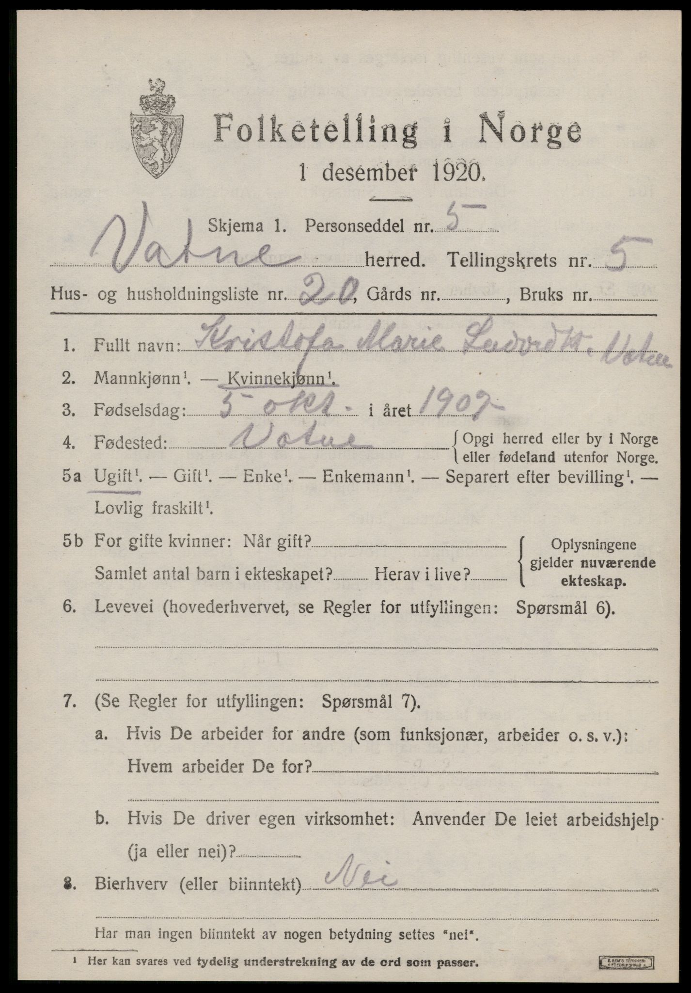 SAT, 1920 census for Vatne, 1920, p. 2420