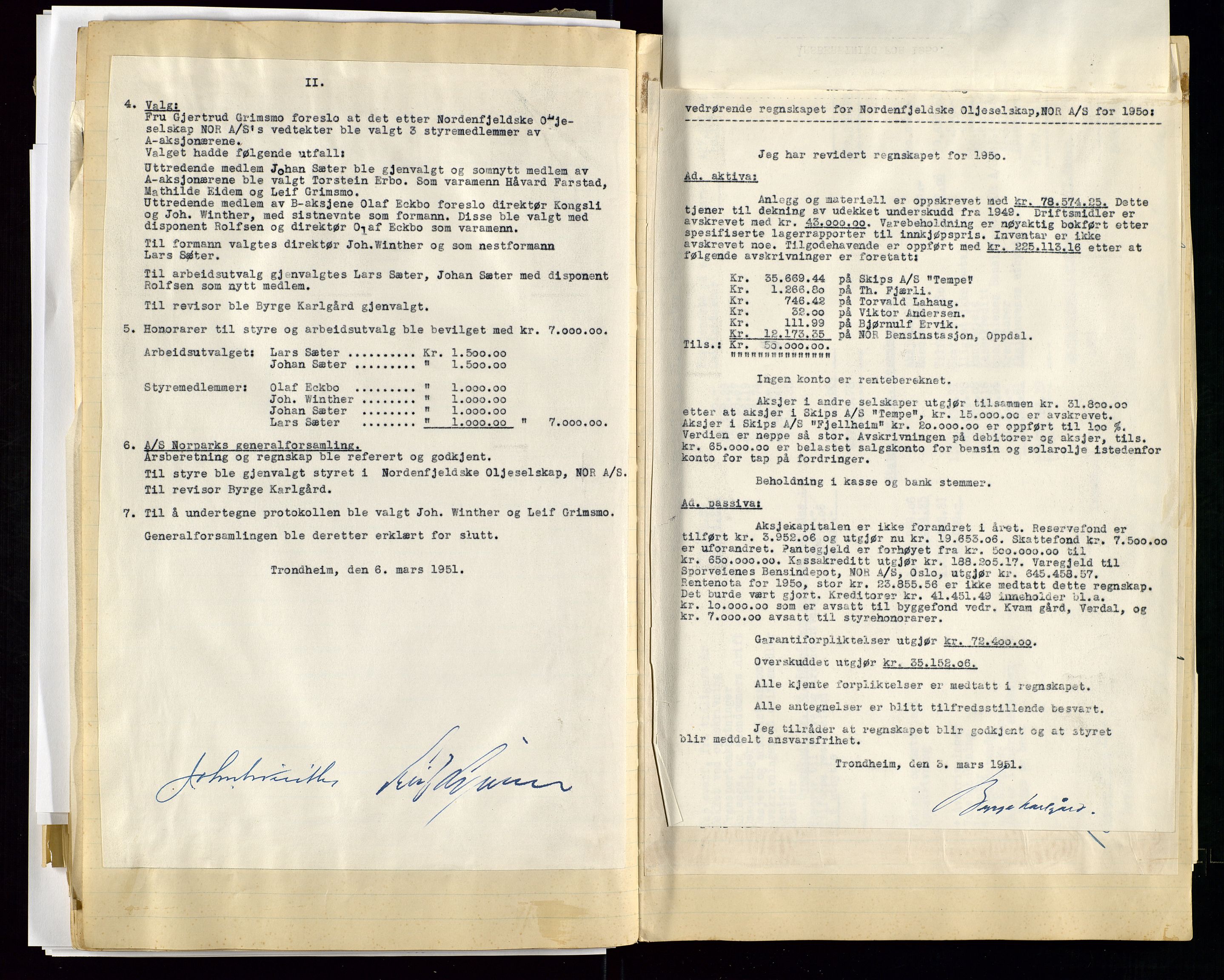 PA 1519 - Nordenfjeldske Oljeselskap, NOR A/S, AV/SAST-A-101924/A/L0001: Styreprotokoll, 1937-1962, p. 95