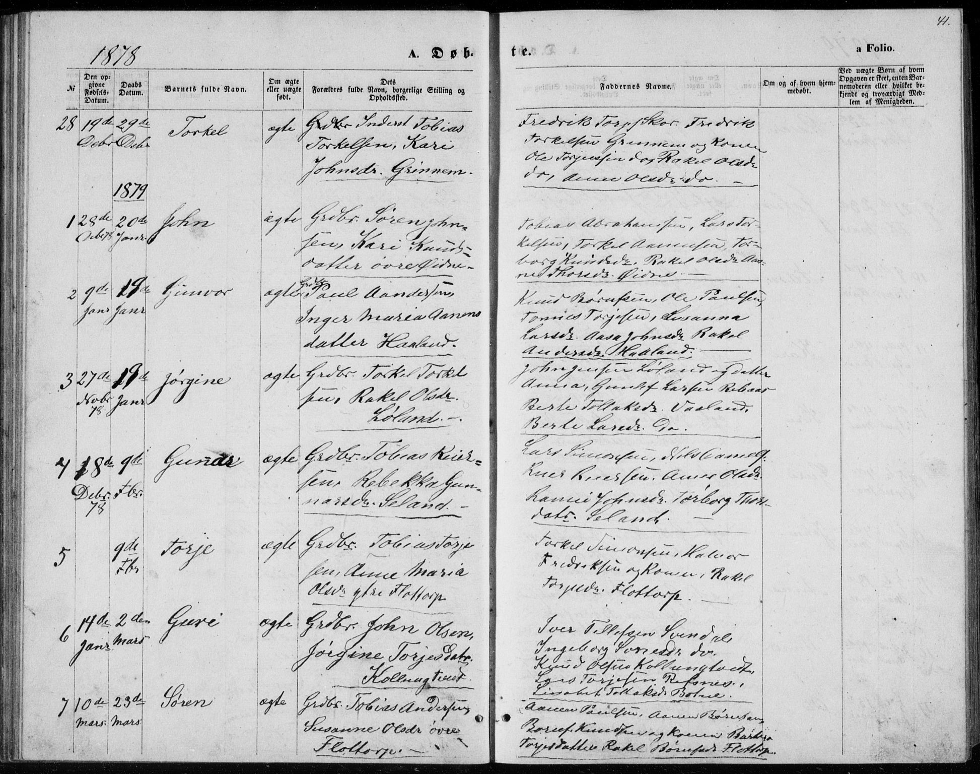 Bjelland sokneprestkontor, SAK/1111-0005/F/Fb/Fbc/L0002: Parish register (copy) no. B 2, 1867-1887, p. 41