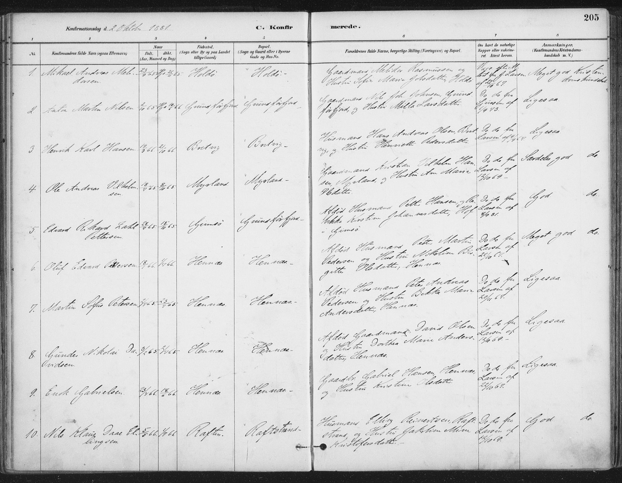 Ministerialprotokoller, klokkerbøker og fødselsregistre - Nordland, AV/SAT-A-1459/888/L1244: Parish register (official) no. 888A10, 1880-1890, p. 205