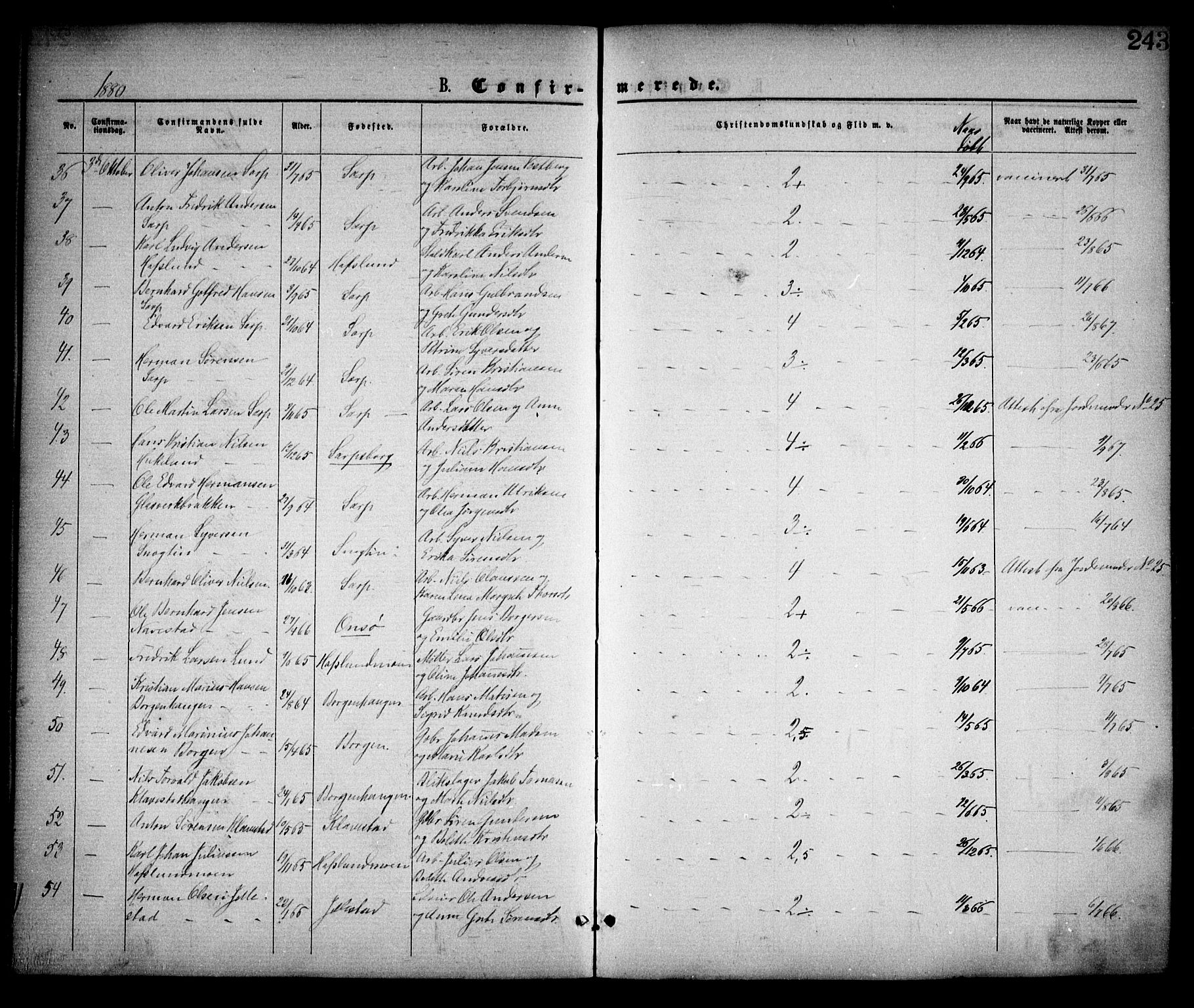 Skjeberg prestekontor Kirkebøker, SAO/A-10923/F/Fa/L0008: Parish register (official) no. I 8, 1869-1885, p. 243