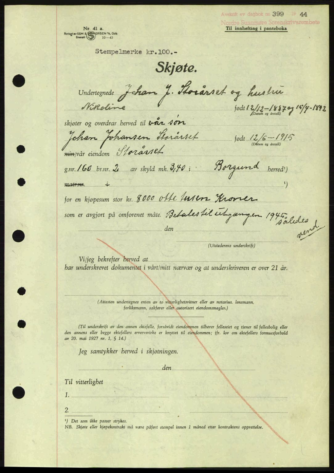 Nordre Sunnmøre sorenskriveri, AV/SAT-A-0006/1/2/2C/2Ca: Mortgage book no. A17, 1943-1944, Diary no: : 399/1944