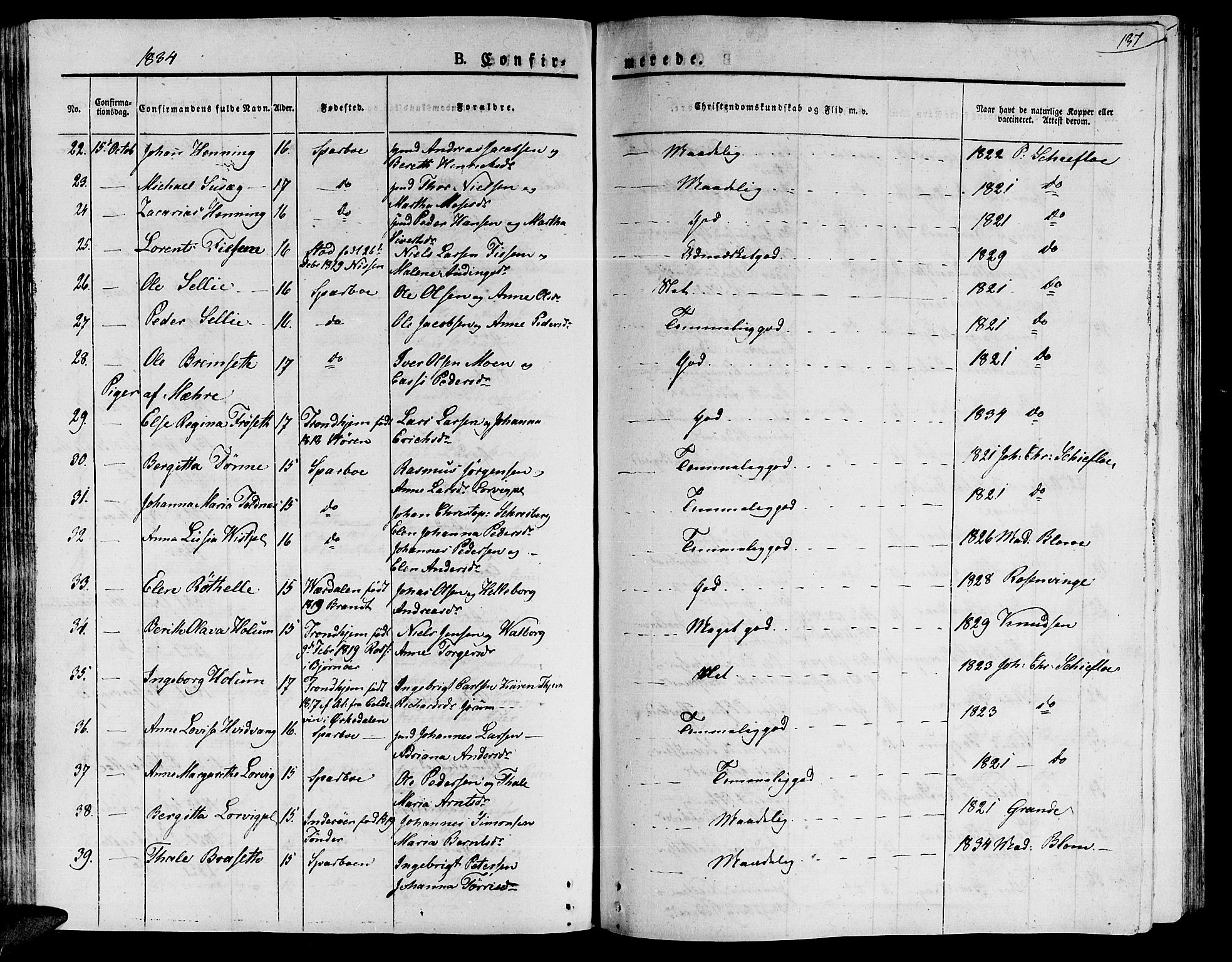 Ministerialprotokoller, klokkerbøker og fødselsregistre - Nord-Trøndelag, AV/SAT-A-1458/735/L0336: Parish register (official) no. 735A05 /1, 1825-1835, p. 137